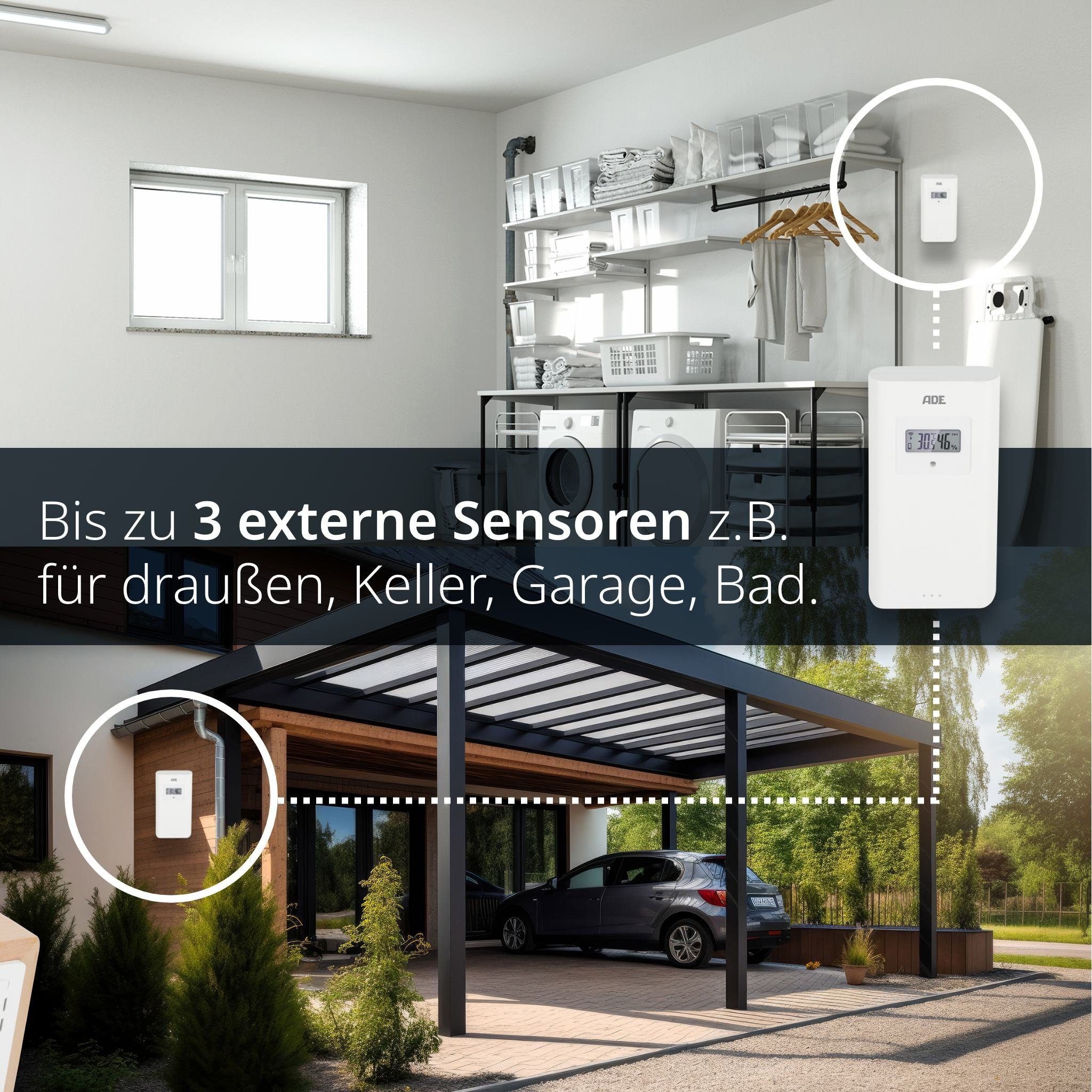 ADE Digitale Wetterstation Funk mit Außensensor und Vorhersage Funkwetterstation (Rahmen aus Vollholz, mit Barometer und Funkwecker, Beleuchtung)