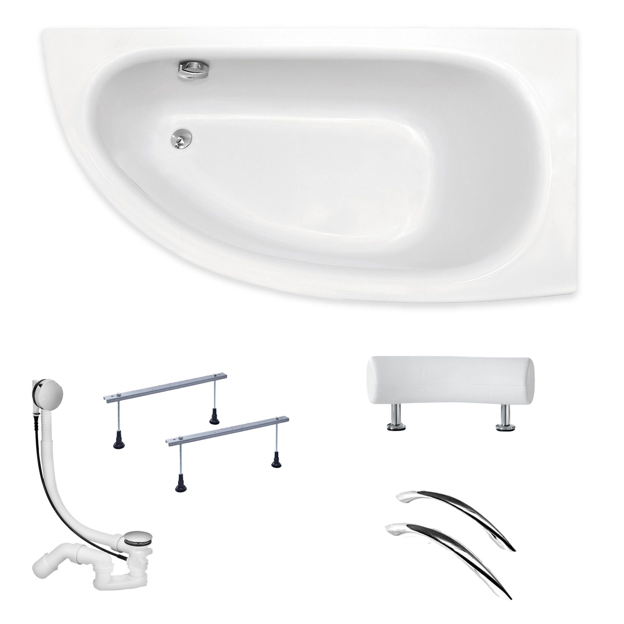 KOLMAN Badewanne Eckbadewanne Milena Premium 150x70, (Kopfstütze Handgriffen Links/Rechts), Acrylschürze Styroporträger, Ablauf VIEGA & Füße GRATIS