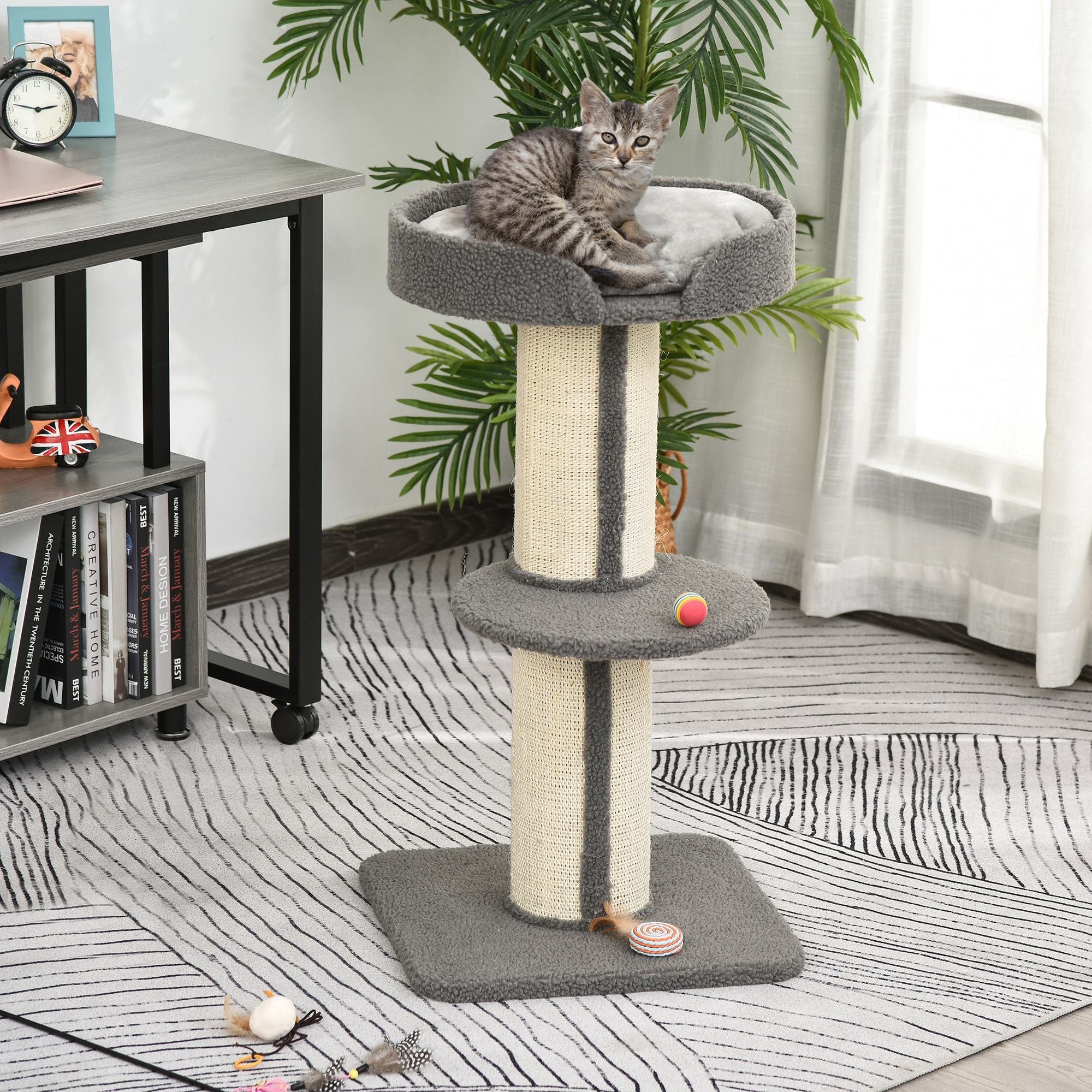 PawHut Kratzbaum Katzenbaum Spielbaum Kratzstamm mit Plattform, Sisal, Plüsch, Grau, 45L x 45B x 91H cm