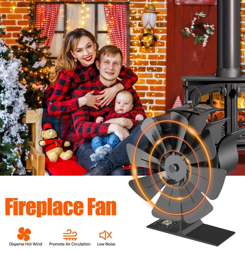 BlingBin Kaminventilator 8 Flügel Ofenventilator Kaminlüfter Stove Fan Gebläse Lüfter, Ohne Strom Mit Handschuhe