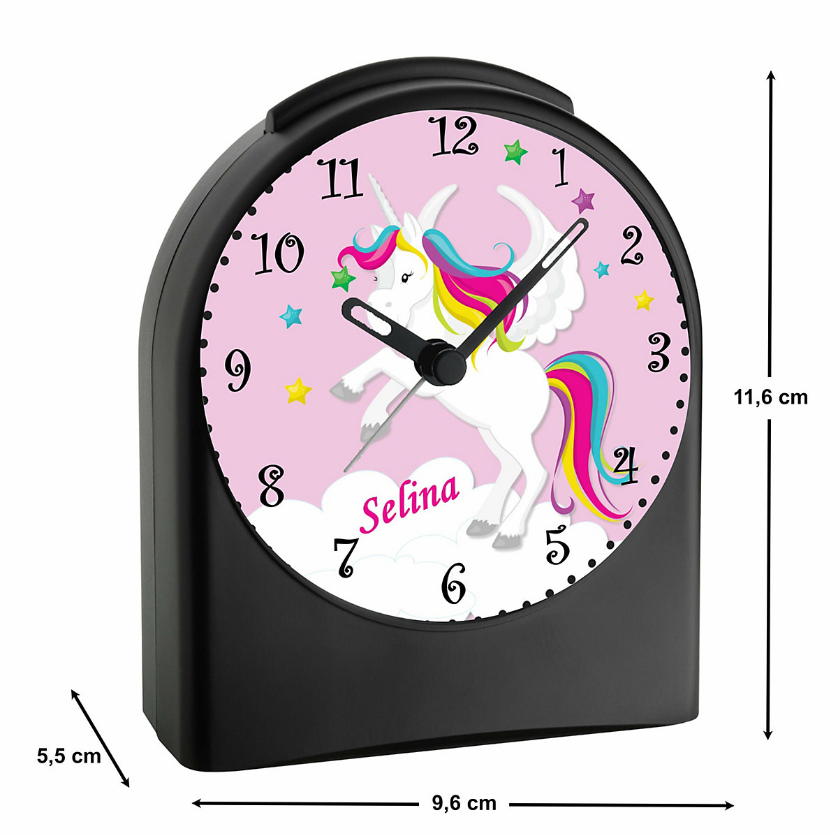 Kinder Funkwecker personalisiert mit Namen Einhorn Atom-/Funkuhr, 12-Stunden-Anzeigeformat, Schlummerfunktion, Nachtlicht, Geräuschlos/Ohne Ticken