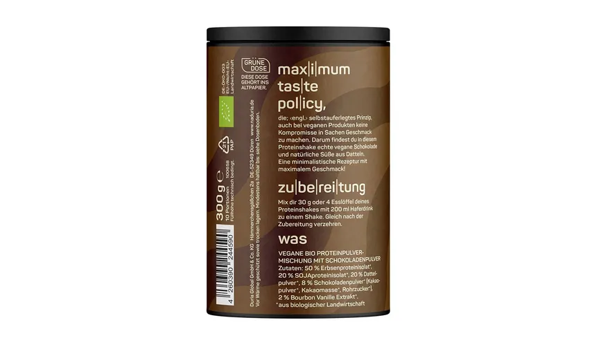 NADURIA Bio Vegan Proteinshake Schokolade 300 g