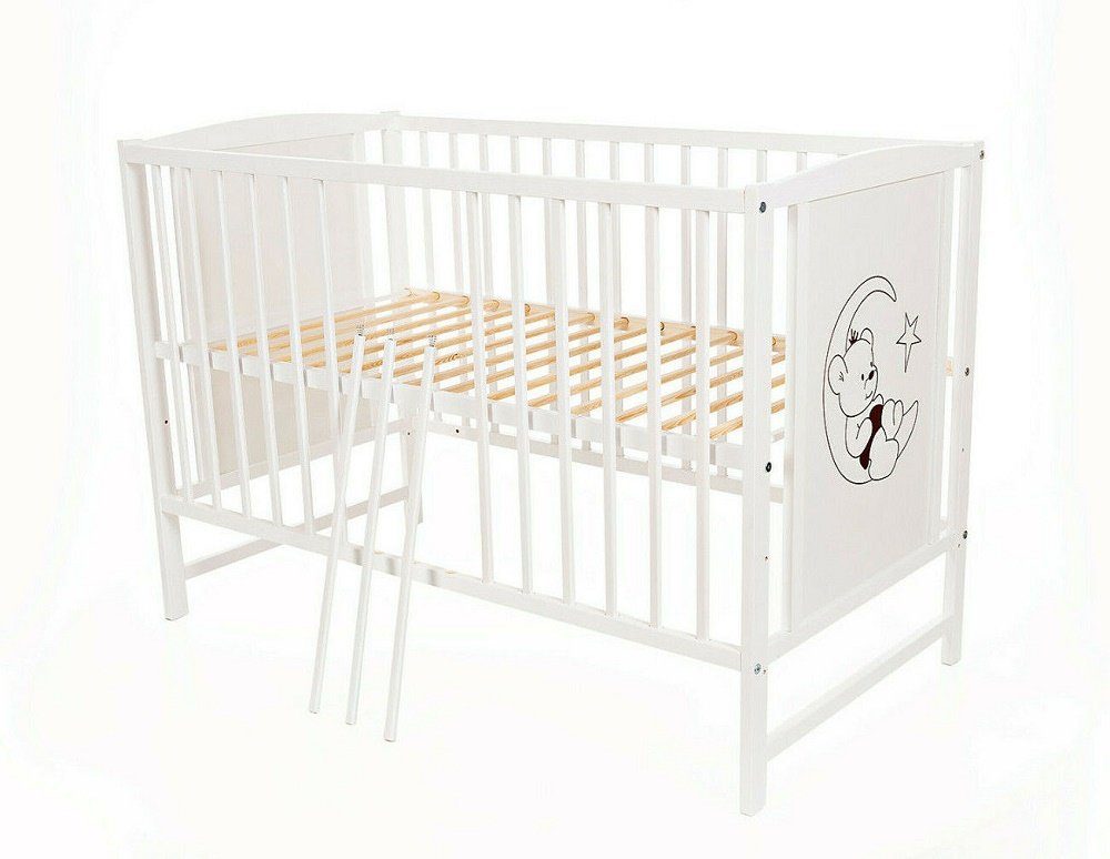 Babyhafen Babybett Babybett Teddy weiß 60 × 120 cm mit Matratze Kinderbett Gitterbett