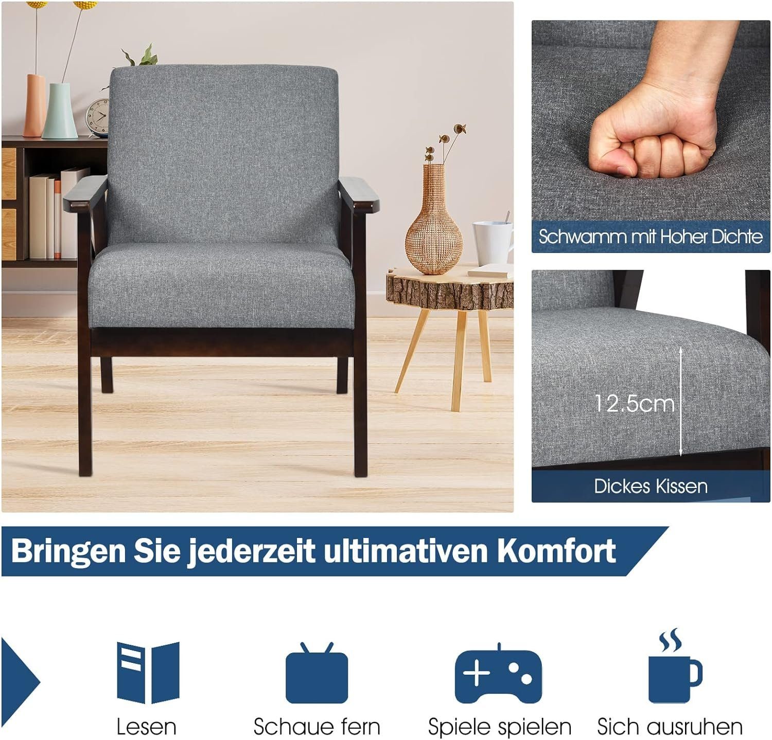 KOMFOTTEU Polsterstuhl Loungesessel, aus Gummiholz,(Grau)