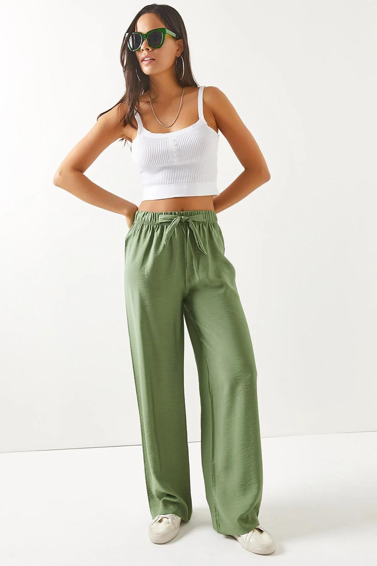 Olalook  Damen-Palazzo-Ayrobin-Hose mit Gürtel und elastischem Bund in Khaki, PNT-19000200