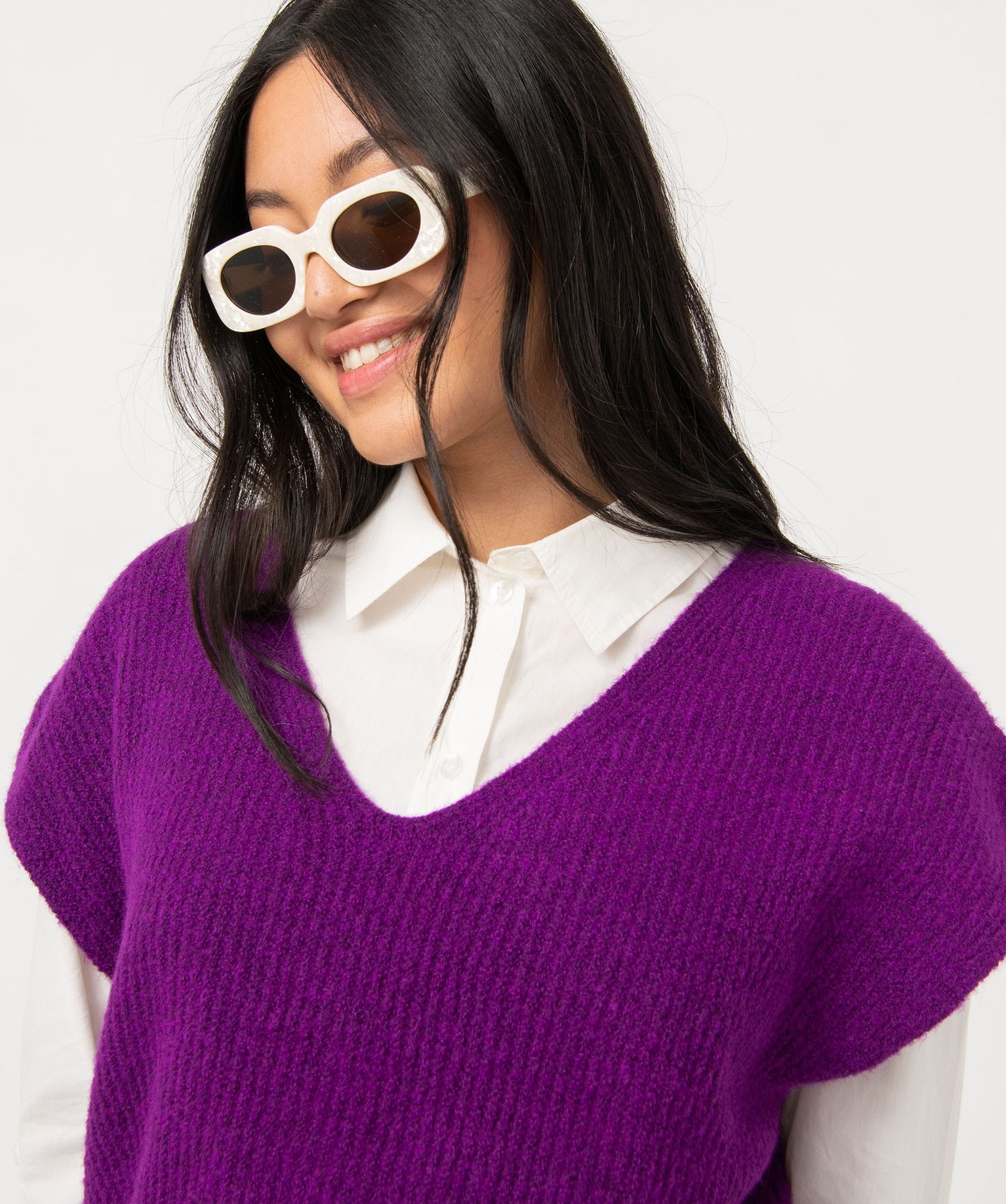 Pull femme sans manches avec col V violet | GEMO