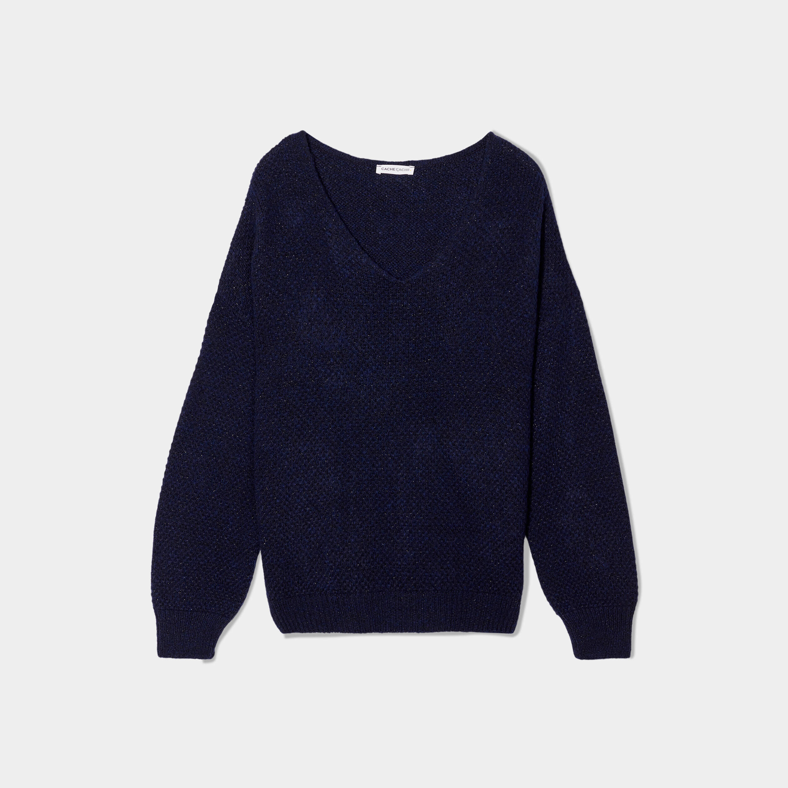 Pull manches longues col en V bleu marine femme | Cache Cache