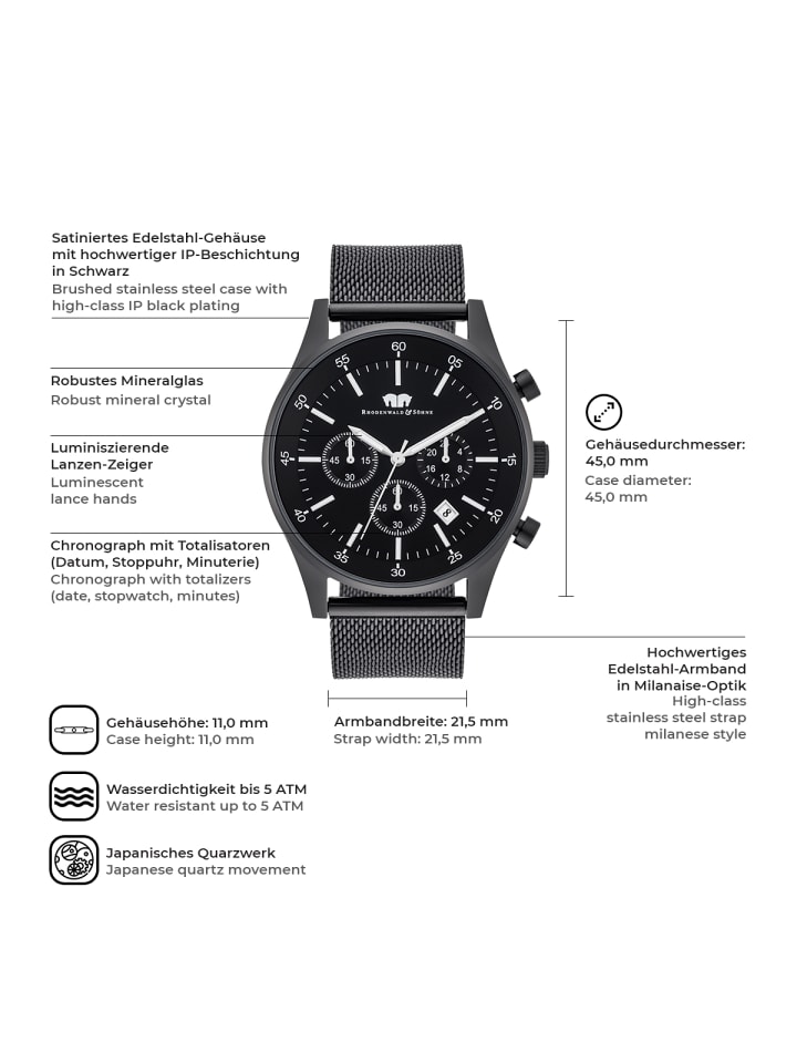 Rhodenwald & Söhne Herren Chronograph schwarz Edelstahl schwarz in schwarz günstig kaufen 21,5 cm