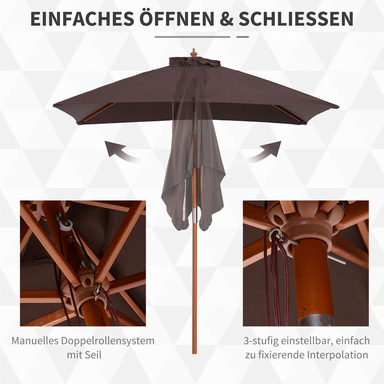 Outsunny Sonnenschirm Knickbarer Gartenschirm Strandschirm 3-stufig einstellbar Tannenholz Polyester Kaffee 200 x 150 x 230 cm