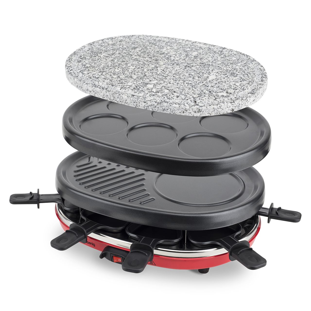 H.Koenig RP412 Raclette-Gerät 4 in 1 / 8 Personen / Raclette, Natursteingrill, Crepe-Platte und Grillplatte / mit 8 Pfännchen / 900 W / schwarz/rot