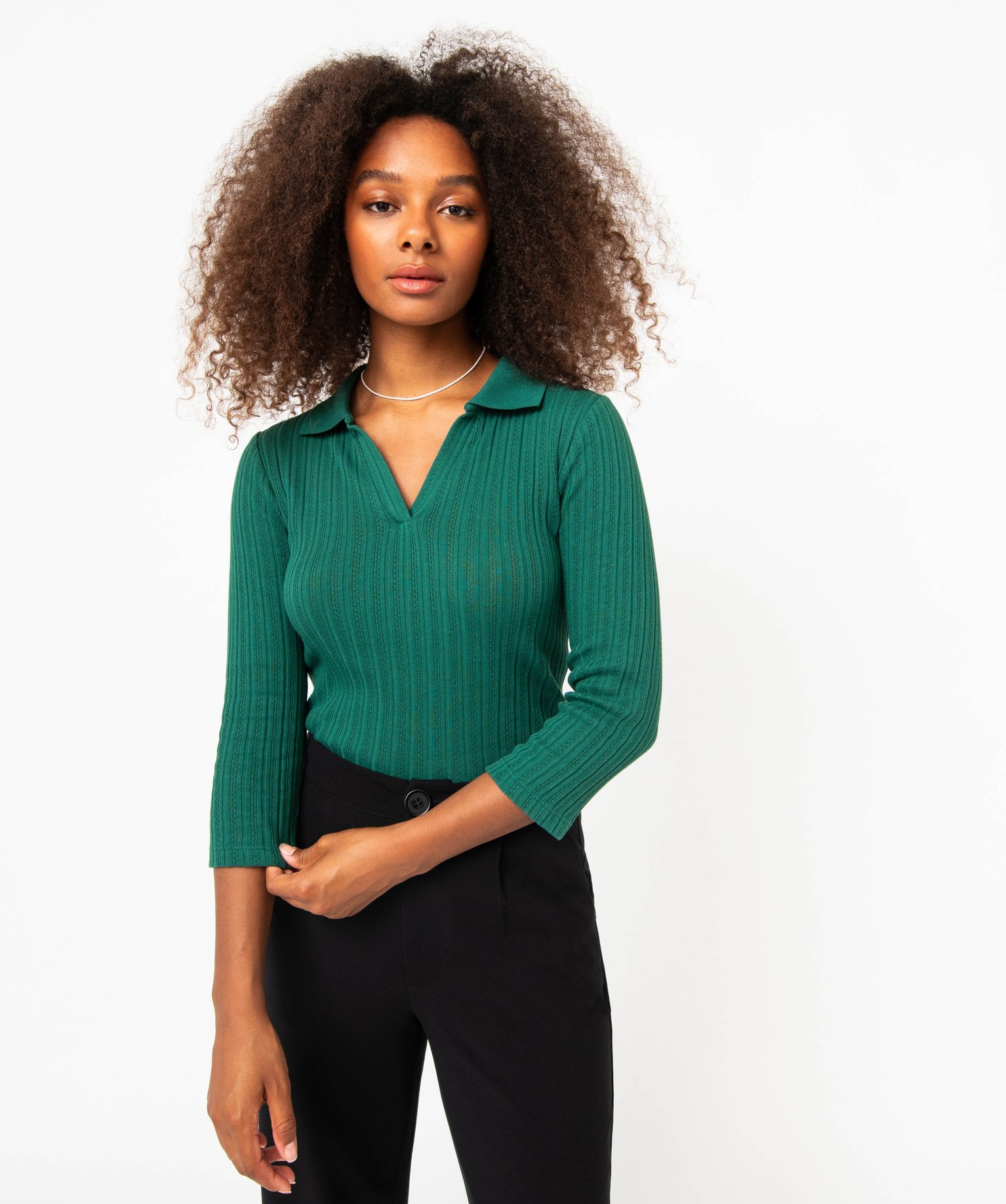 Tee-shirt à manches longues avec col polo femme vert | GEMO