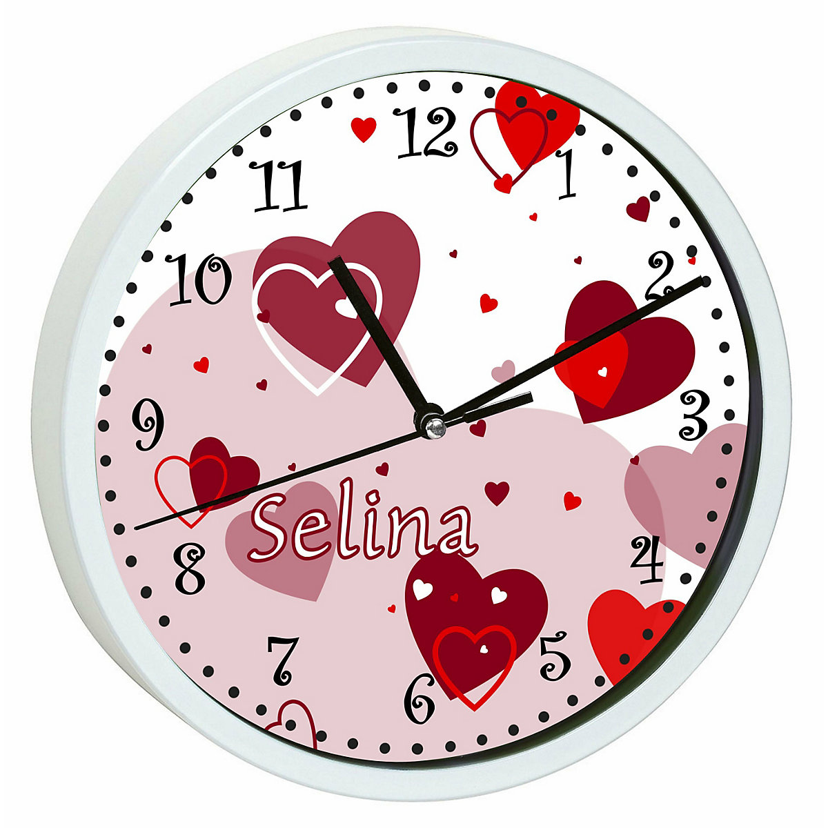Kinder Wanduhr laufruhig personalisiert mit Name Herz Rot