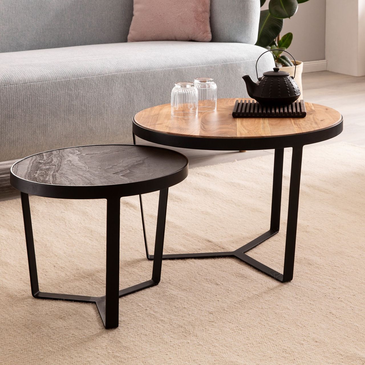 Wohnling Couchtisch 2er Set Rund Holz / Steinoptik Wohnzimmertisch Satztisch