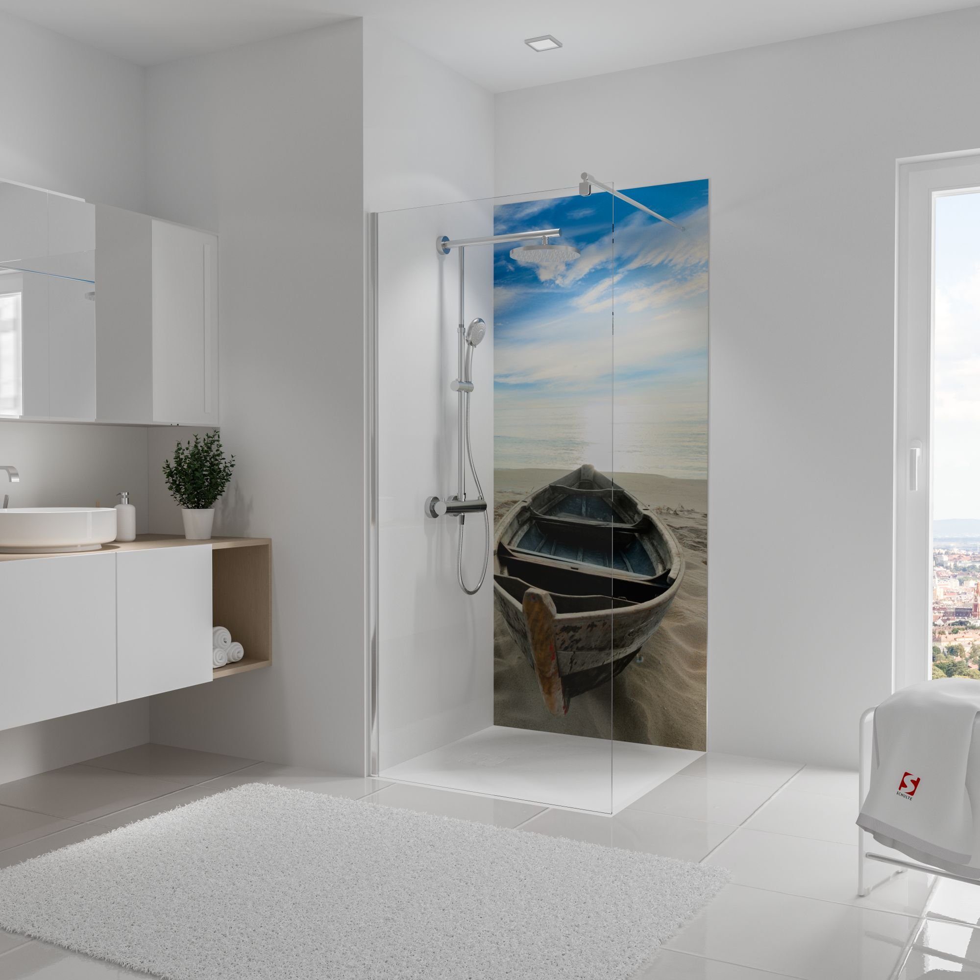 Schulte Badrückwand DecoDesign Foto Ruderboot am Strand, (1-tlg), Wandverkleidung, fugenloser Fliesenersatz, Duschrückwand