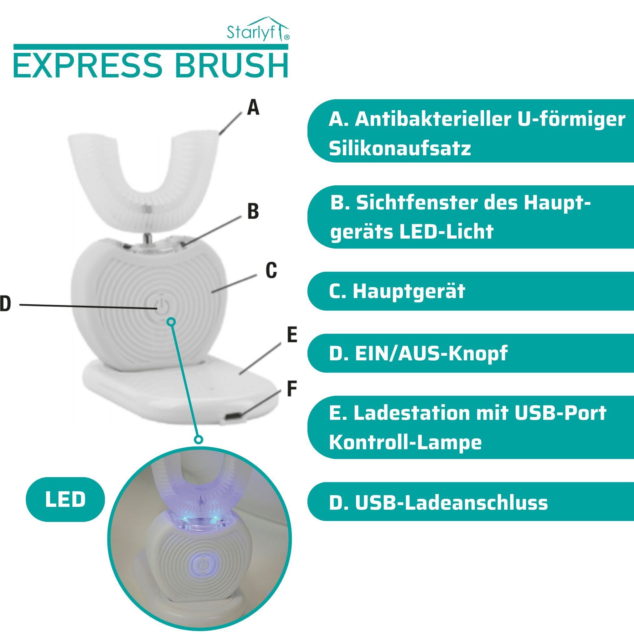 Starlyf Schallzahnbürste Express Brush automatische Sonic U Zahnbürste, Aufsteckbürsten: 1 St., Reinigen in nur 45 Sekunden, 360°-Reinigung, wiederaufladbar