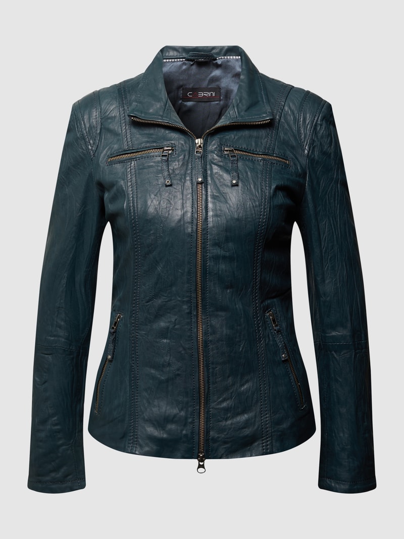 Lederjacke mit Crinkle-Effekt in marineblau