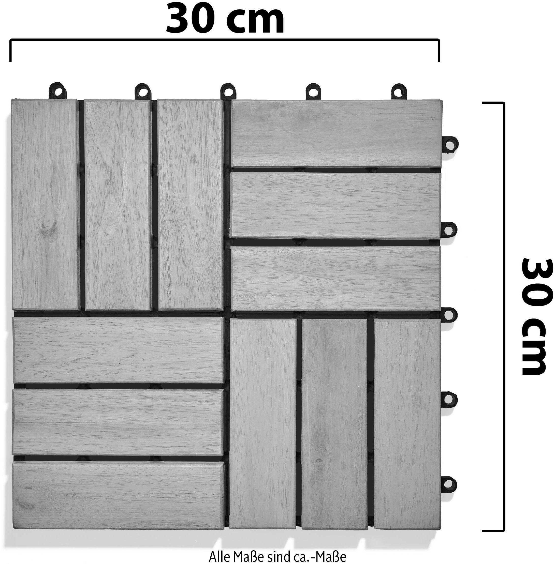 Gartenfreude Holzfliesen, Set, 10 St., 0,9 m², Akazienholz, wetterfest, mit Klickfunktion