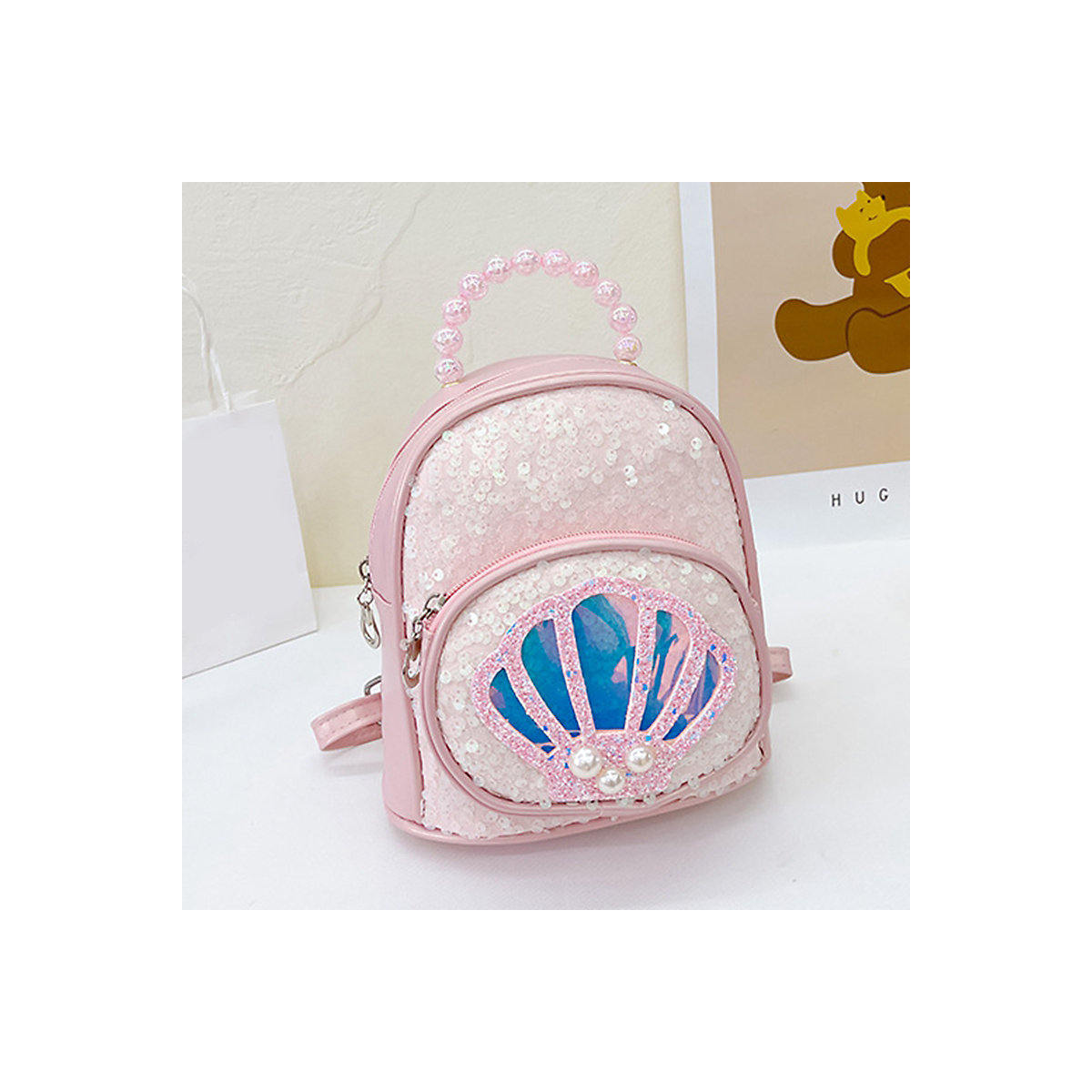 Pailletten-Rucksack mit Muschel für Mädchen Verstellbarer Schultergurt