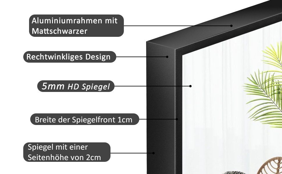 Boromal Spiegel Flur Ganzkörper 150x50 160x40 140x40 Flurspiegel schwarz (Wandspiegel Groß HD Bodenspiegel, mit Alu Metall Rahmen), explosionsgeschützt, 4 Installationsmethoden