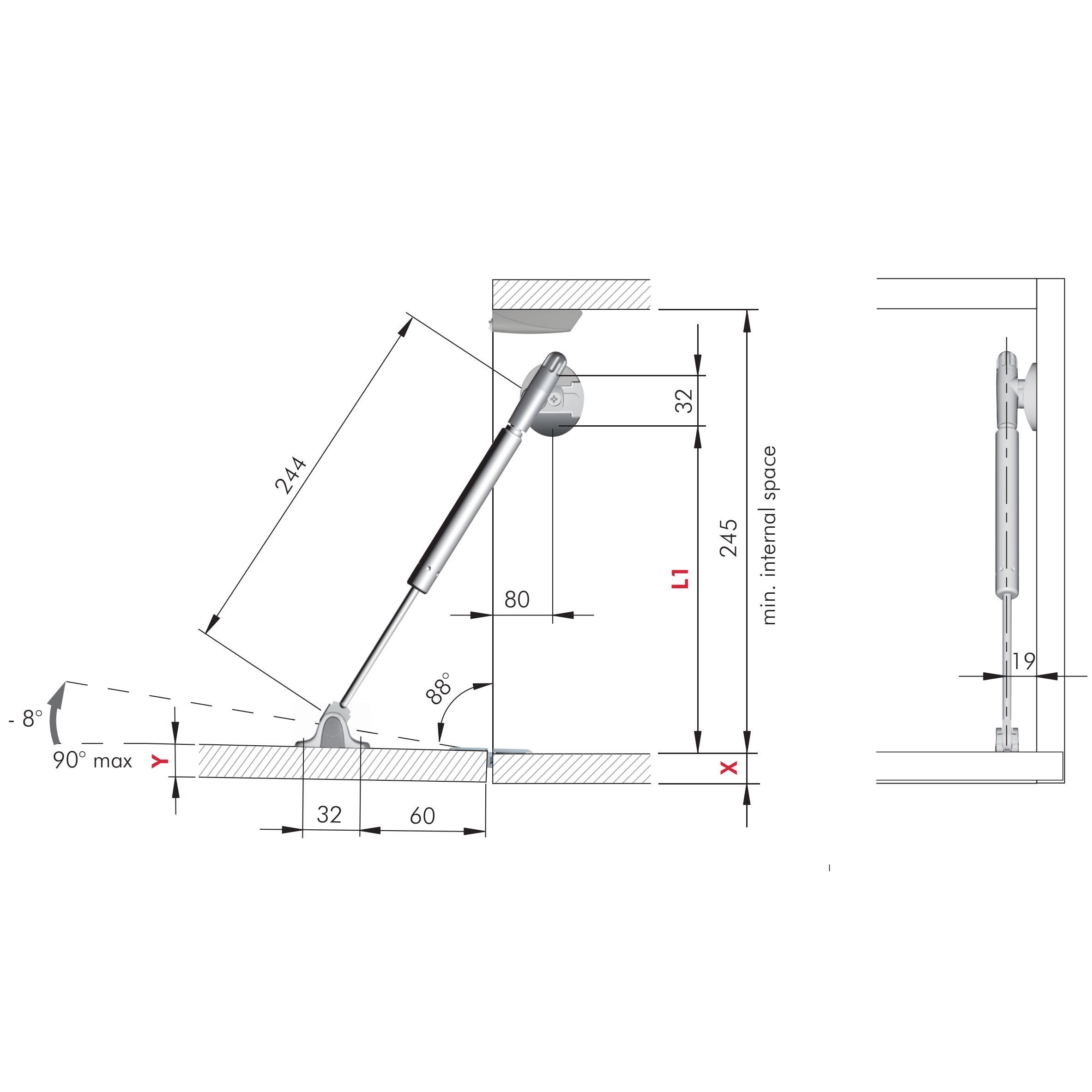 SO-TECH® Möbelbeschlag Gasdruckdämpfer KRABY für nach unten öffnende Barklappen (1 St), Gasdruckfeder Kompressionsfeder für Barfach L: 277 mm
