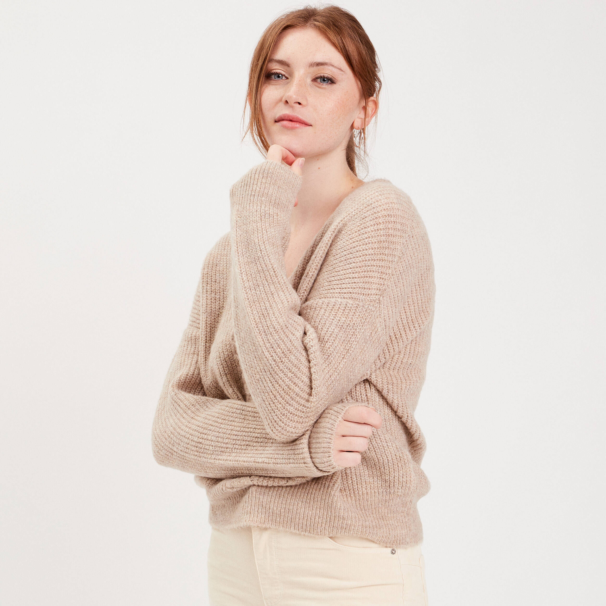 Pull col en V sable femme | Cache Cache