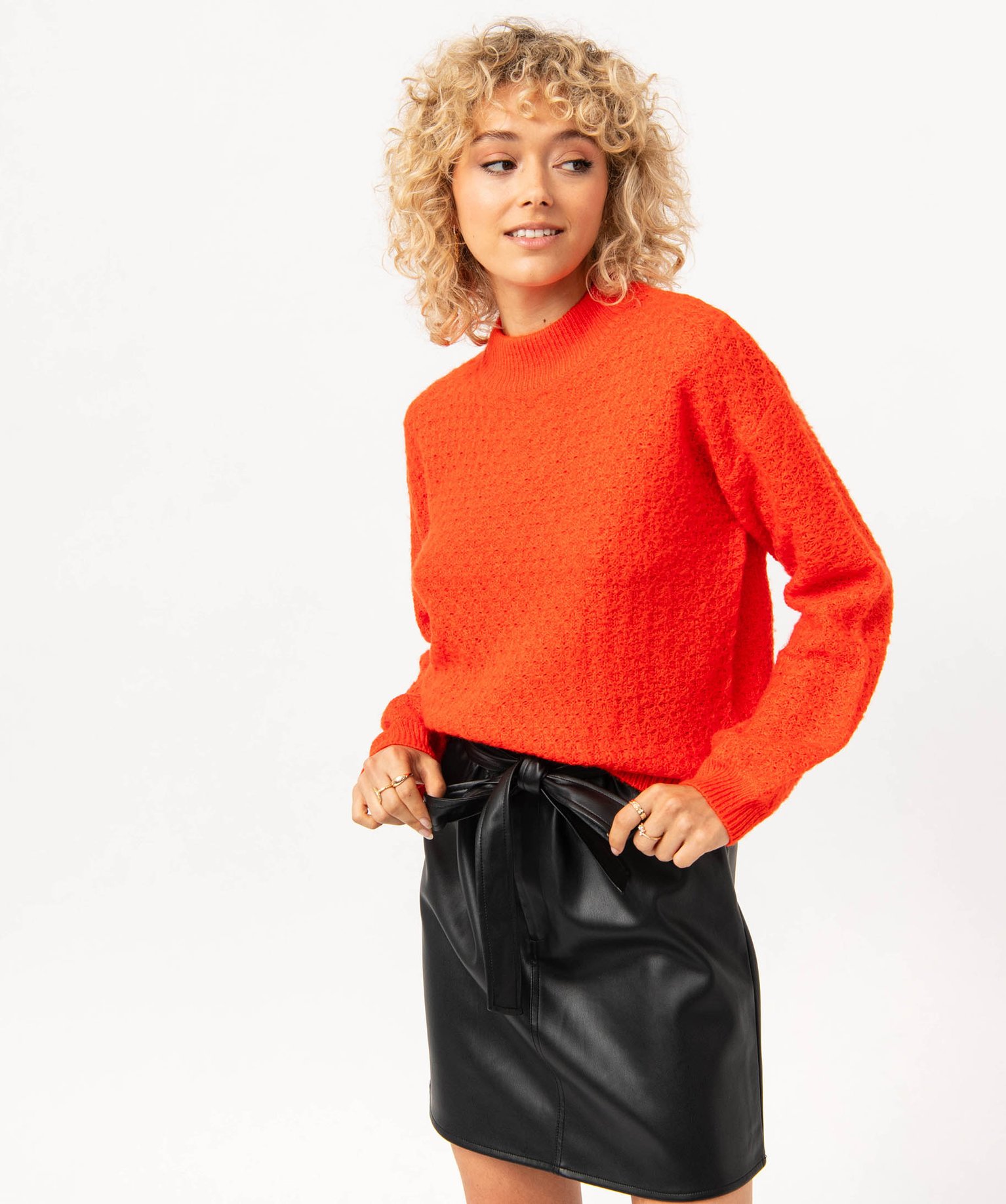 Pull à col rond en maille fantaisie femme orange | GEMO
