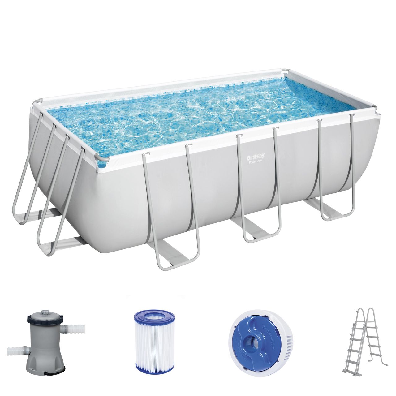 Bestway Power Steel™ Frame Pool-Set mit Filterpumpe 412 x 201 x 122 cm , lichtgrau, eckig