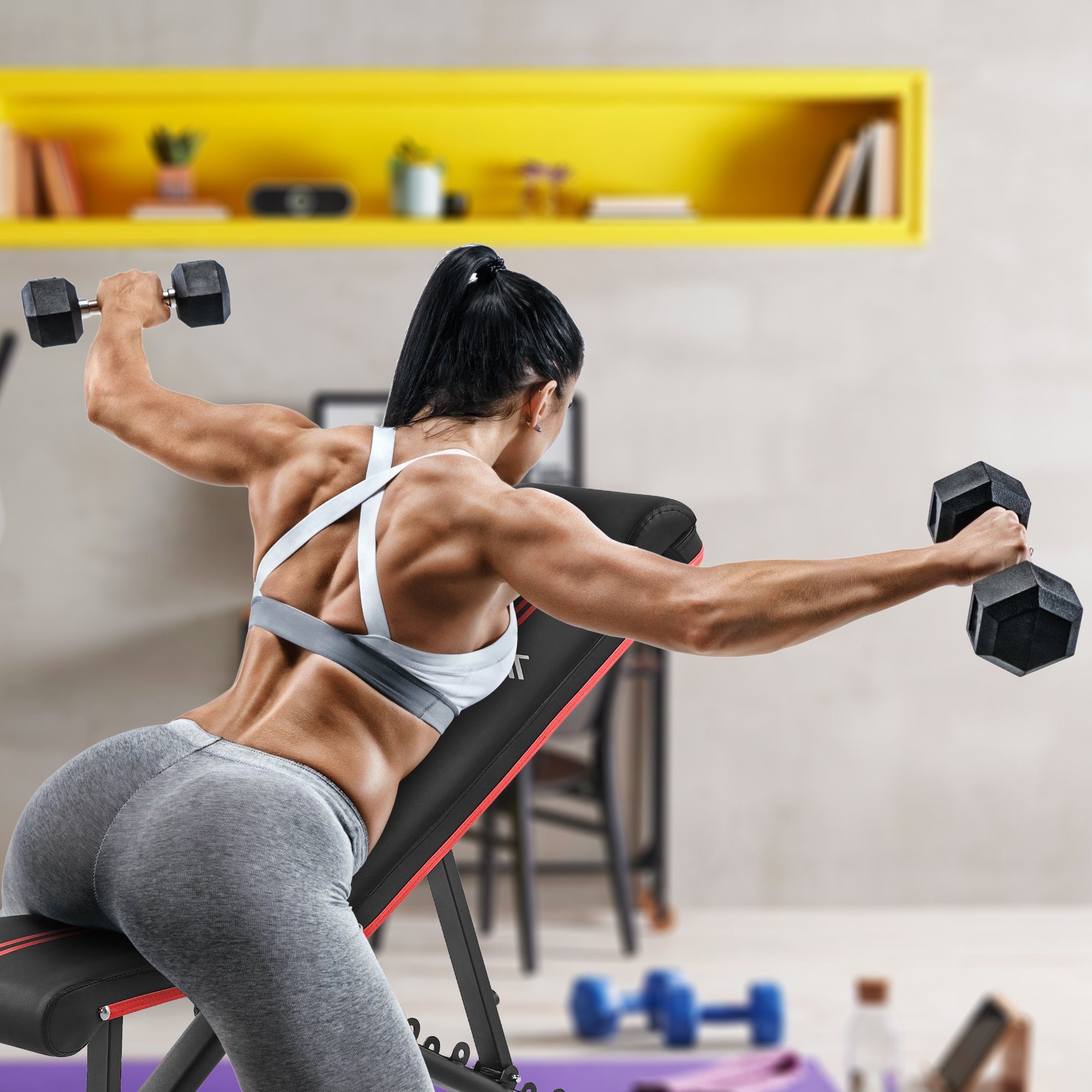 KM - Fit Hantelbank, klappbar, Multifunktion, Training, Fitness, 250kg, (Set), Bauchtraining - Schulter- & Nackentraining- Brusttraining