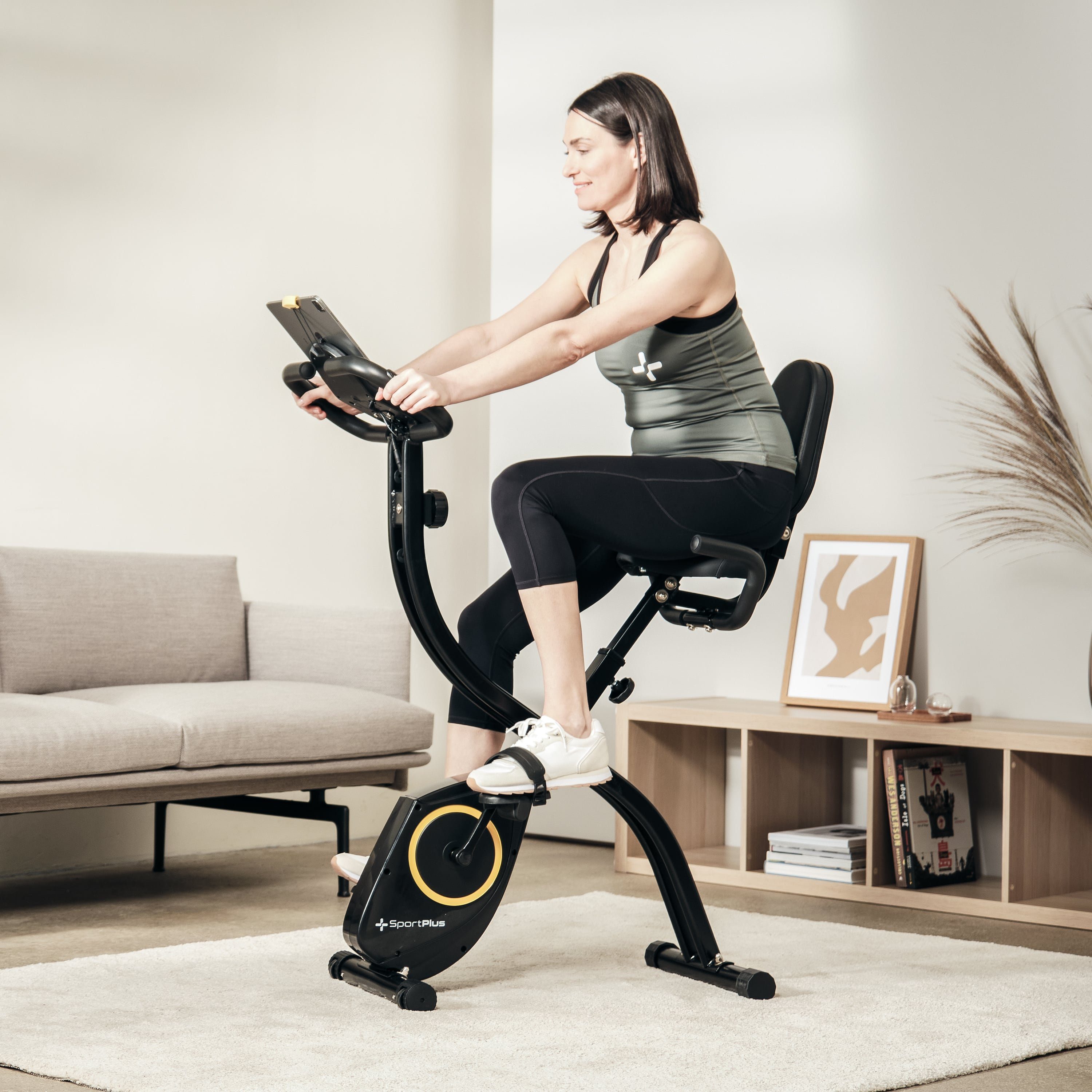 SportPlus Heimtrainer SP-HT-1300-B-iE, Heimtrainer, X-Bike, klappbar für Zuhause, Rückenlehne, 8 Stufen