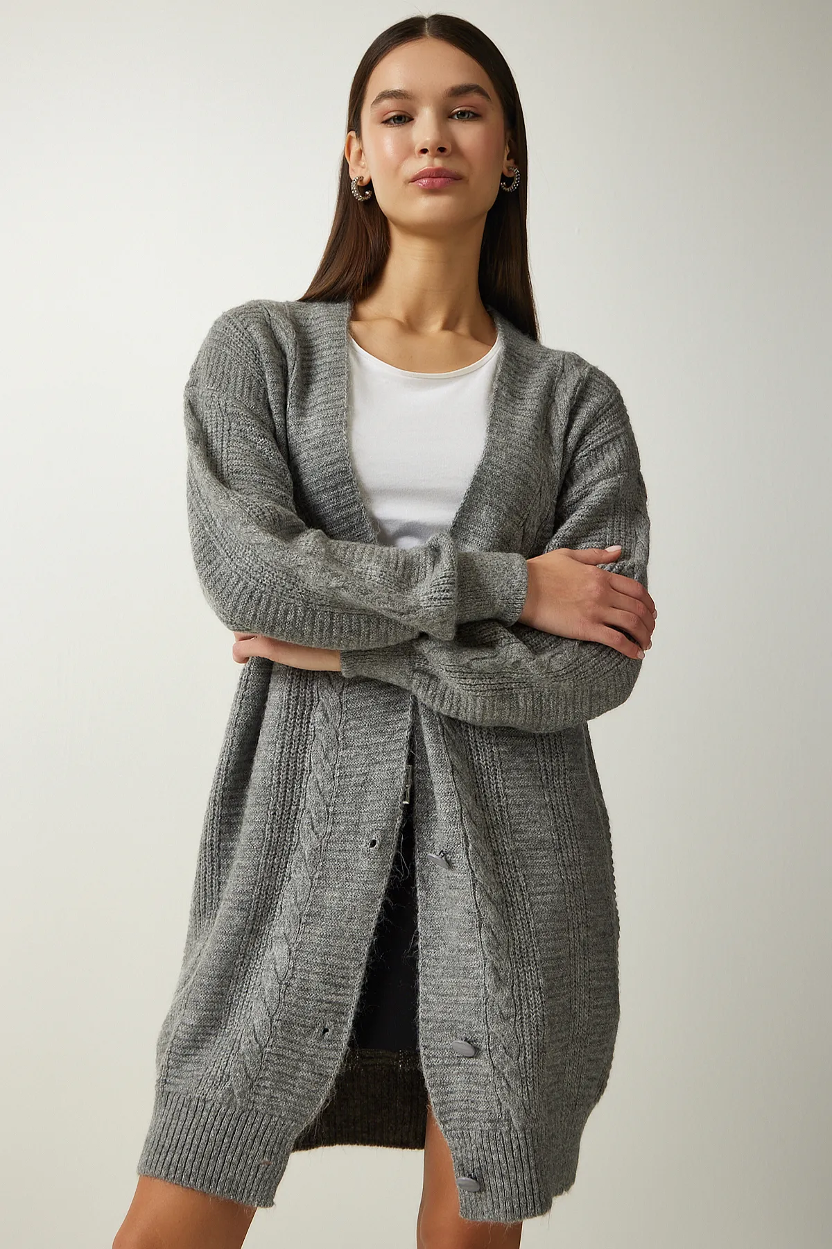 Happiness İstanbul  Grauer Oversize-Strick-Cardigan mit Ballonärmeln für Damen DD01033