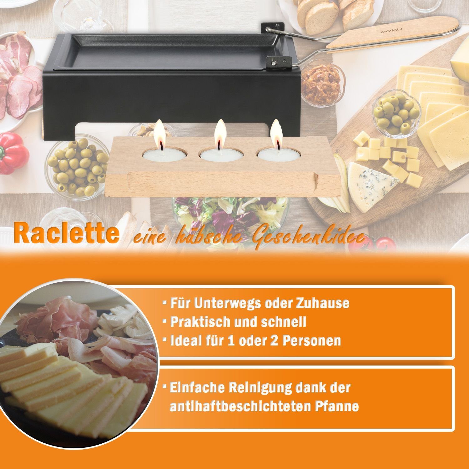 LIVOO Raclette LIVOO Raclette Set 2 Personen Teelicht Camping Kerzen Holz mit, 2 Raclettepfännchen, 3 Teelichter, Griff aus Echtholz, Raclettschieber, Raclettepfanne
