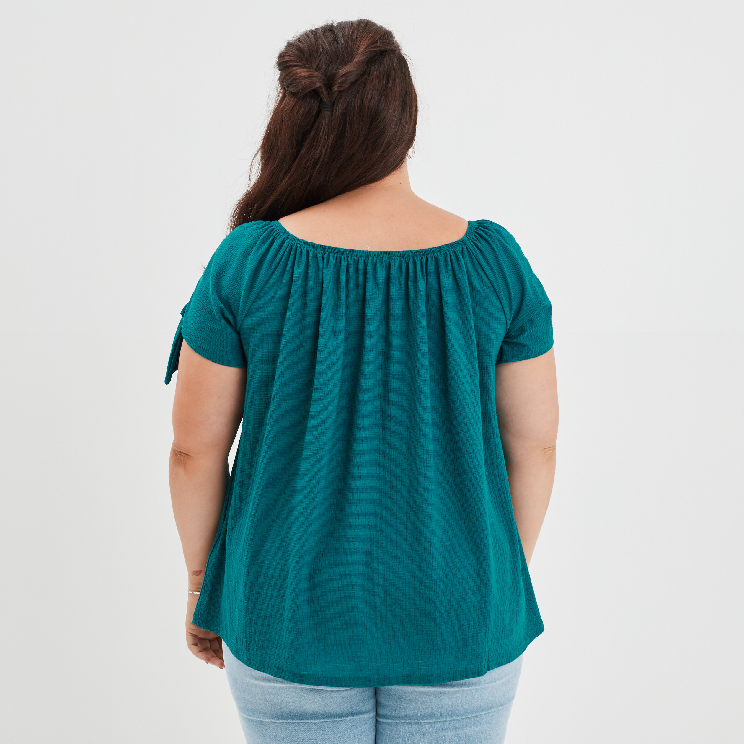 T-shirt col bardot manches noeuds bleu canard femme grande taille | La Halle