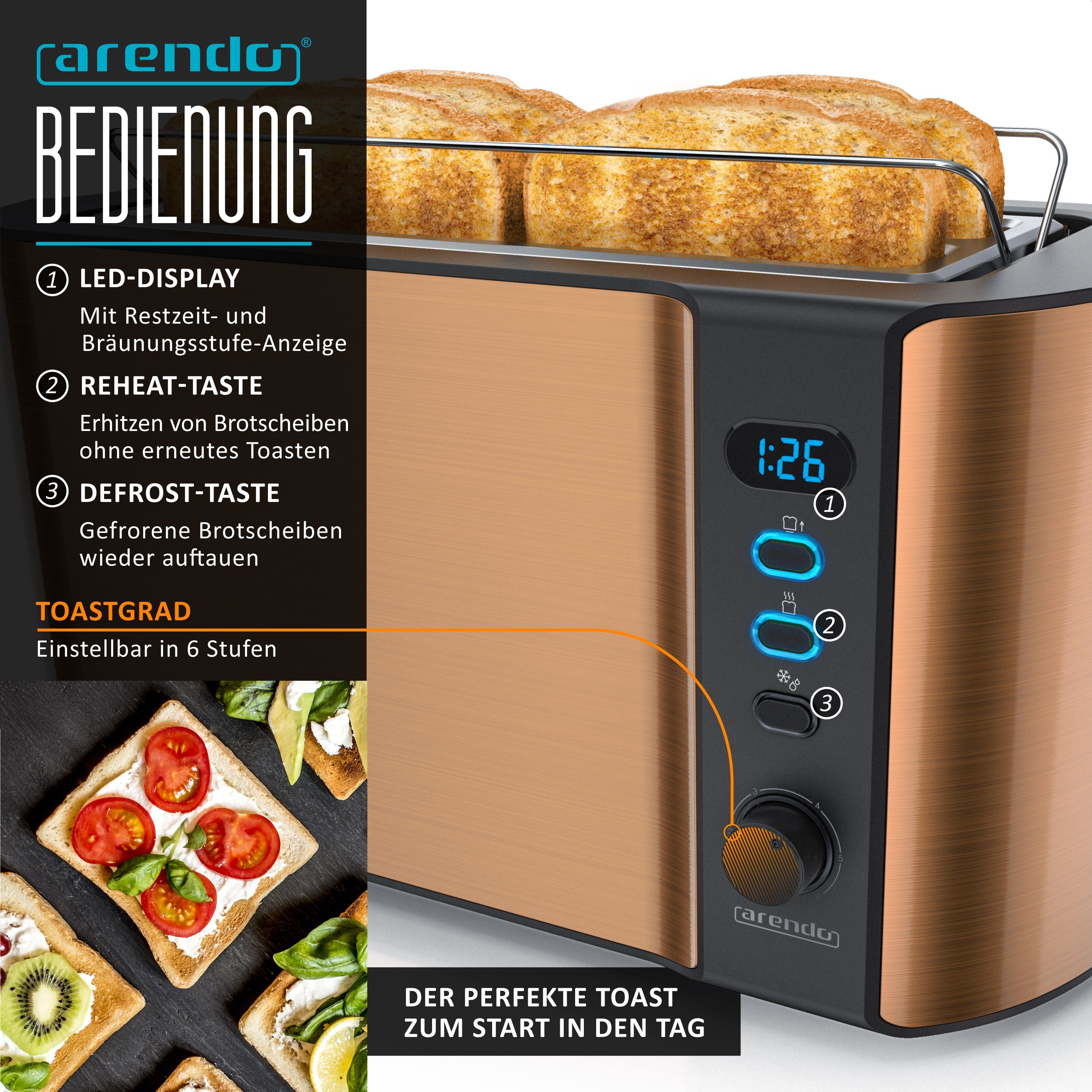 Arendo Frühstücks-Set (3-tlg), Wasserkocher 1,5l, 4-Scheiben Toaster, 7er Eierkocher, Kupfer