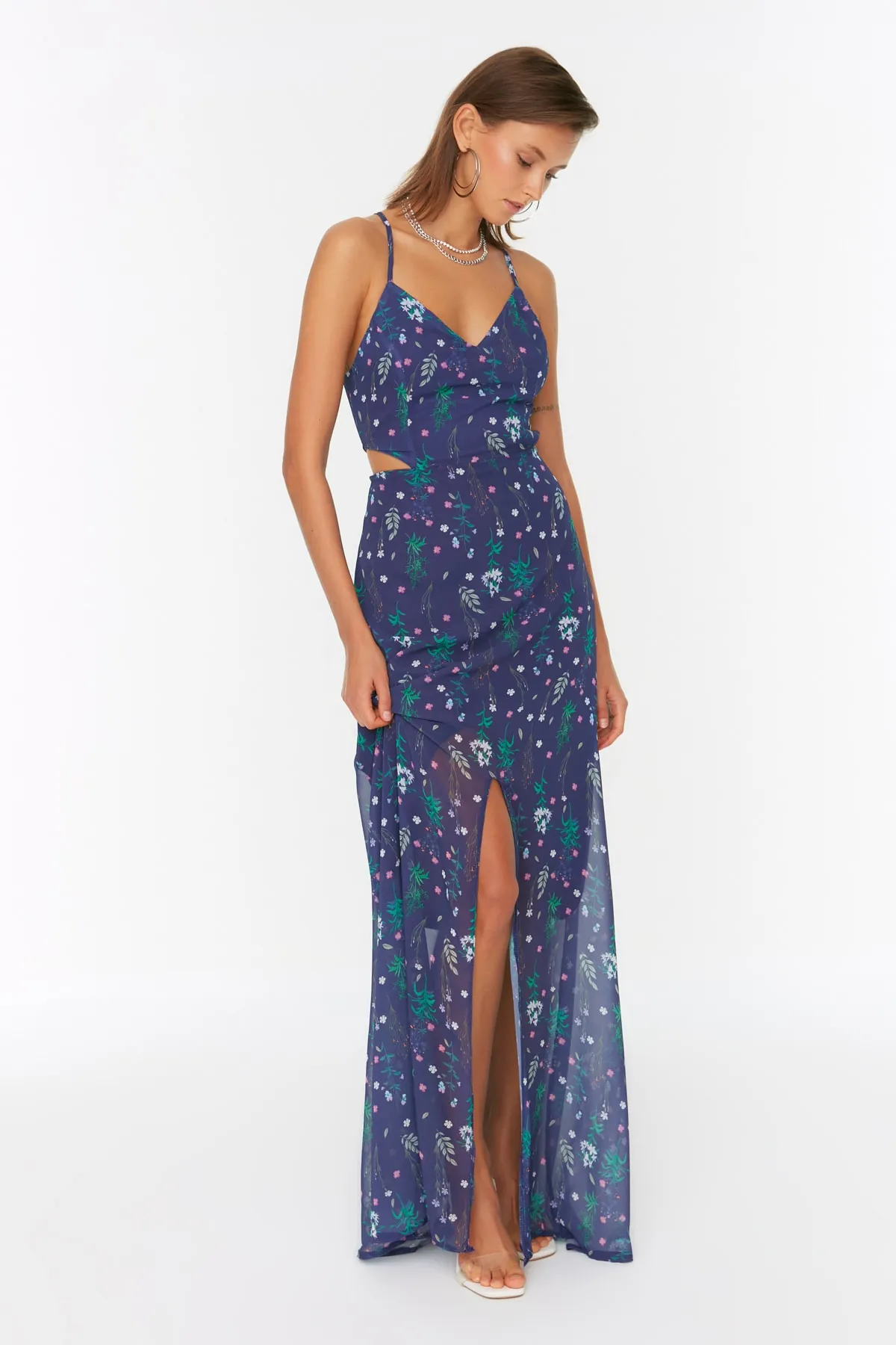 Trendyol Collection  Marineblaues, geschlitztes, detailliertes Webkleid TWOSS20EL1270