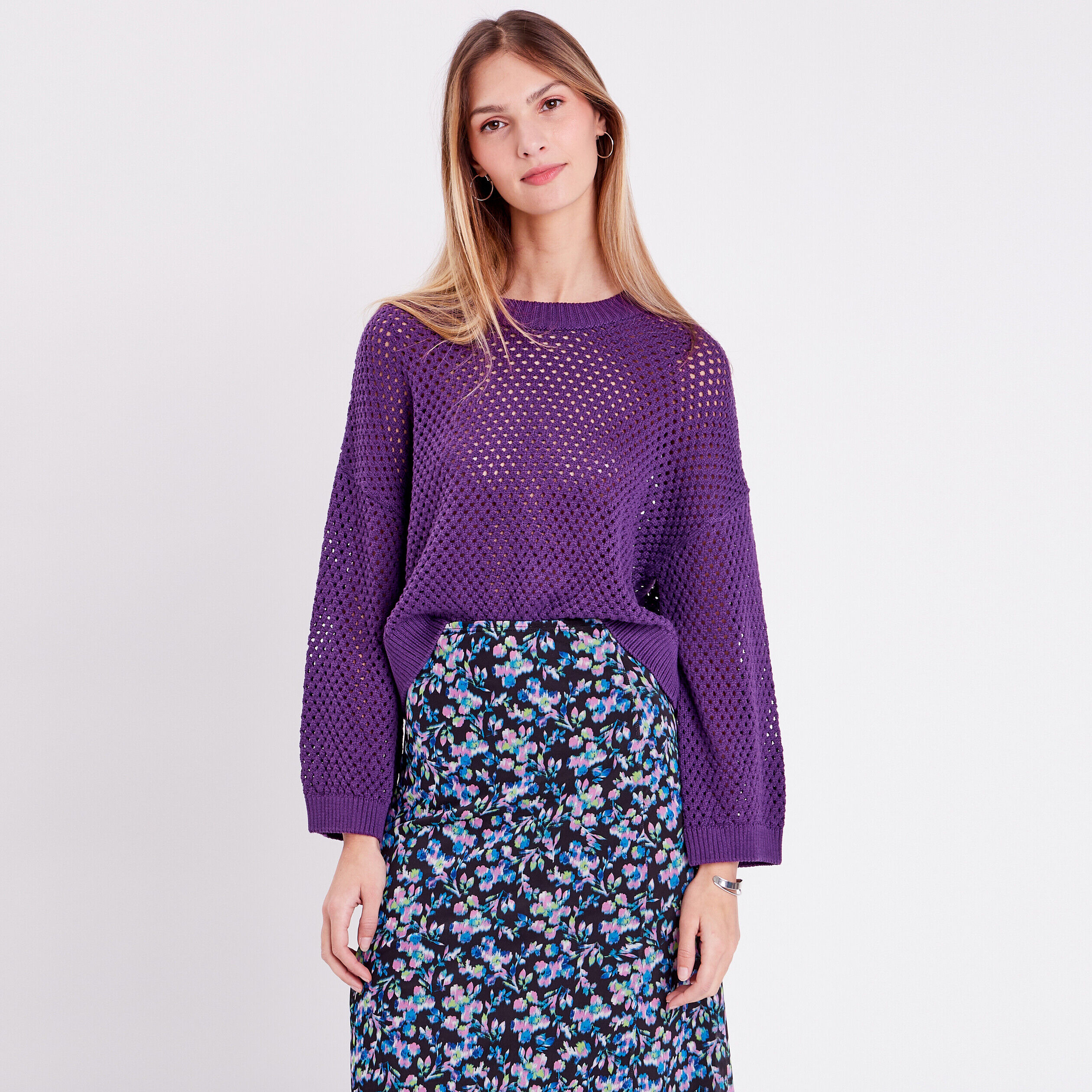 Pull ajouré col rond violet foncé femme | Cache Cache