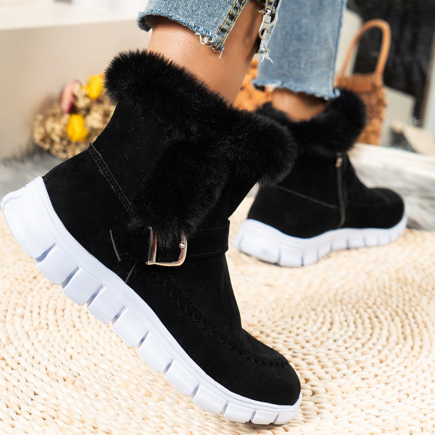 Daisred Winterstiefel Damen Stiefeletten Plüsch Fleece Winter Warm Snowboots