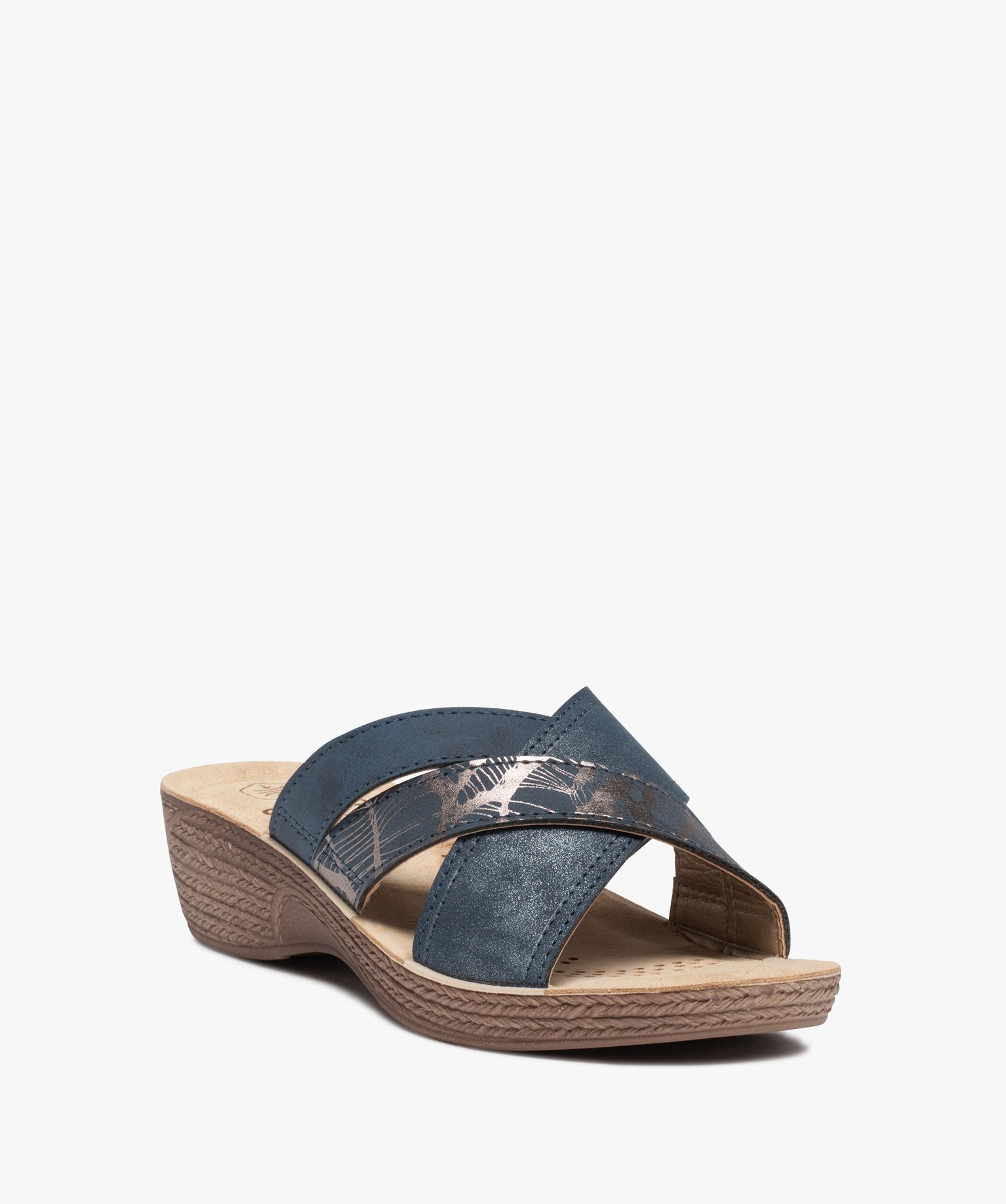 Mules femme confort à brides croisées fantaisie marine | GEMO