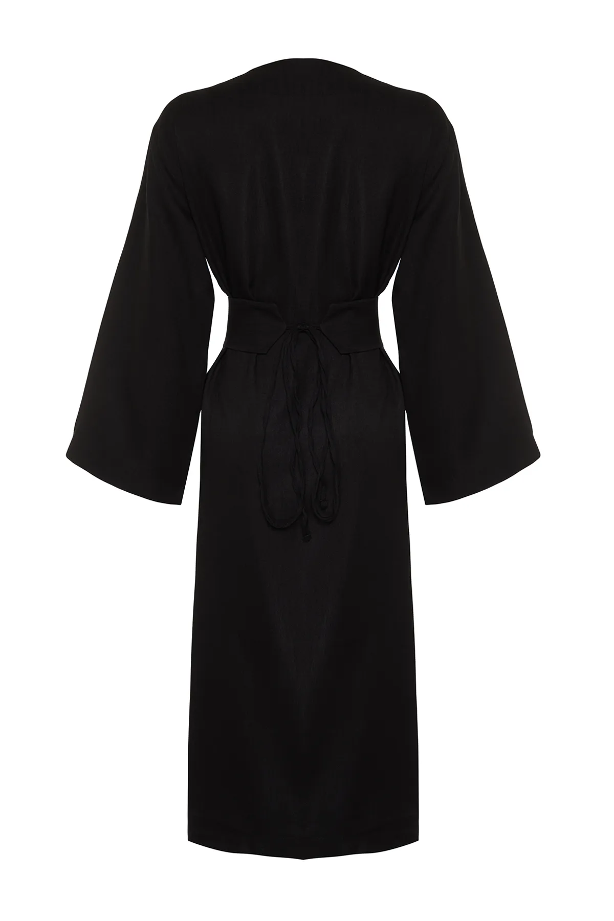 Trendyol Modest  Schwarzer gewebter Kimono und Kaftan in Leinenoptik mit Bindedetail an der Taille TCTSS24KK00001