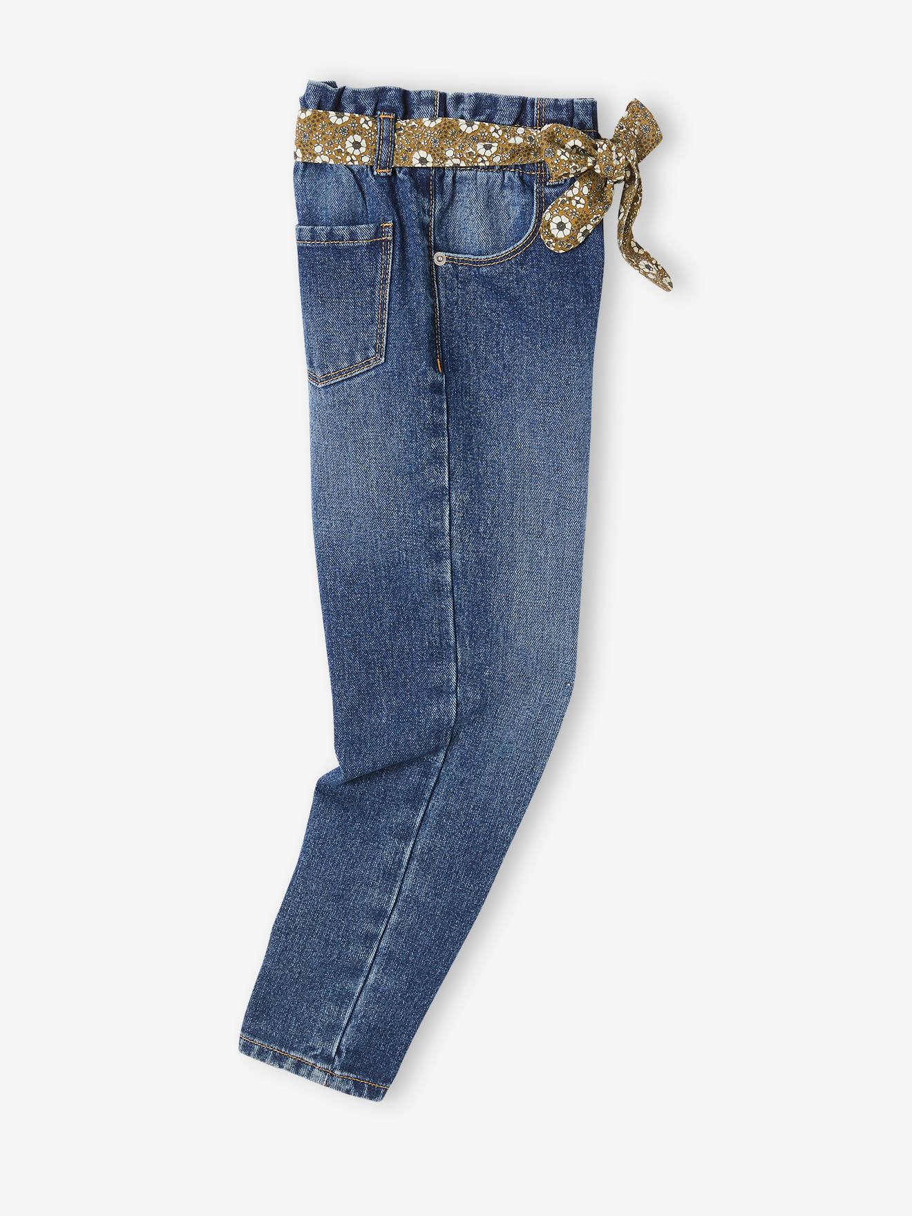 Jean style paperbag et sa ceinture fleurie fille denim black