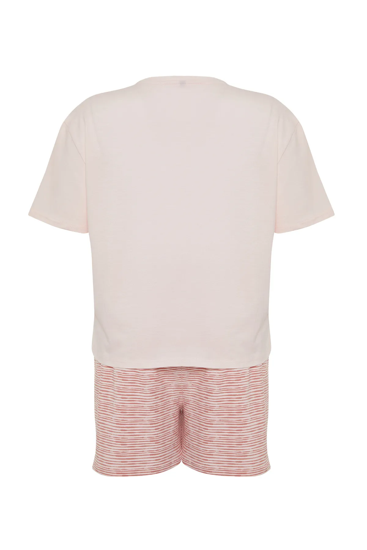 Trendyol Curve  Puderfarbenes Pyjama-Set aus Strick mit Streifen und Slogan-Aufdruck TBBSS24AI00020