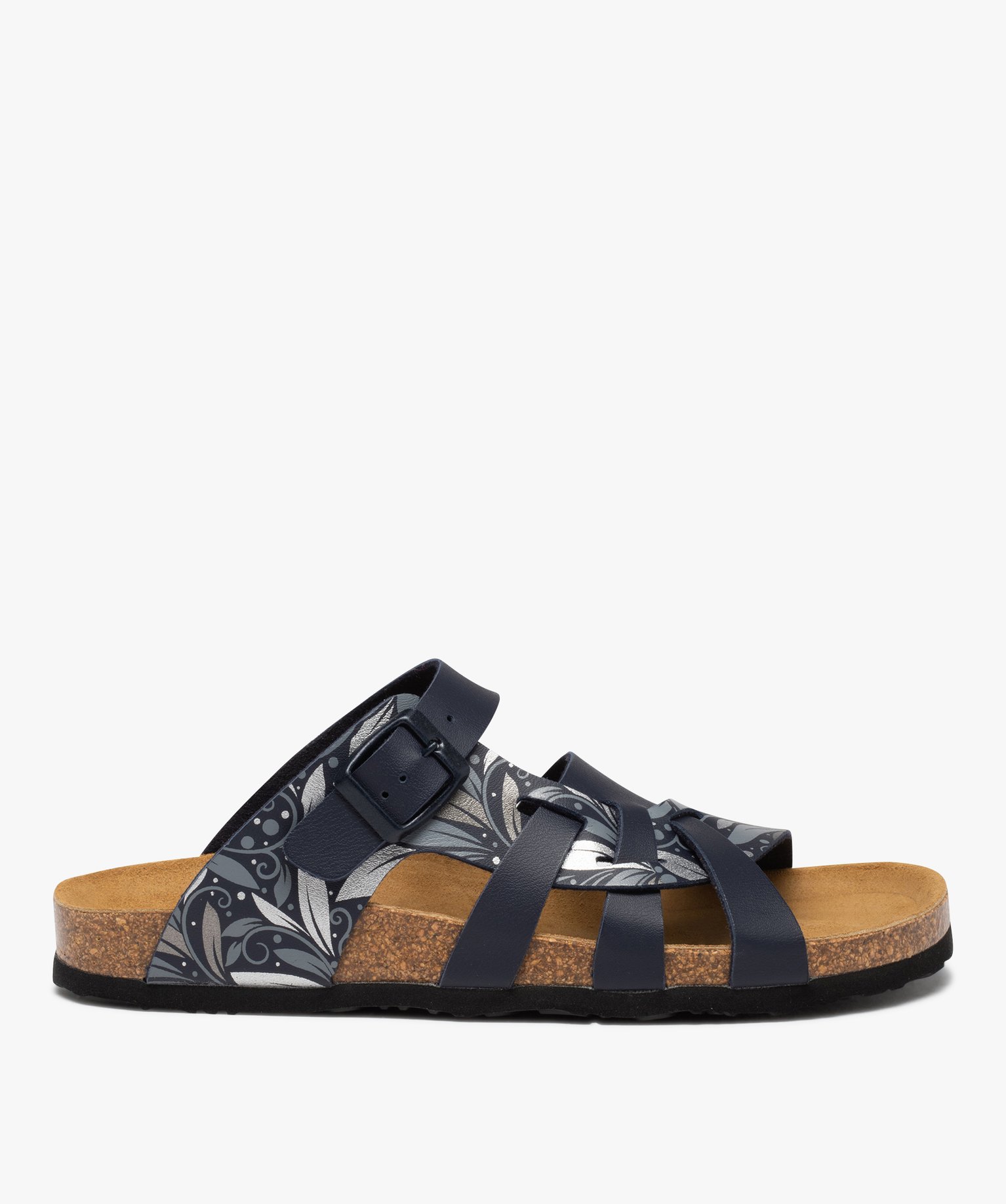 Mules femme à talon plat et brides multiples imprimées bleu | GEMO