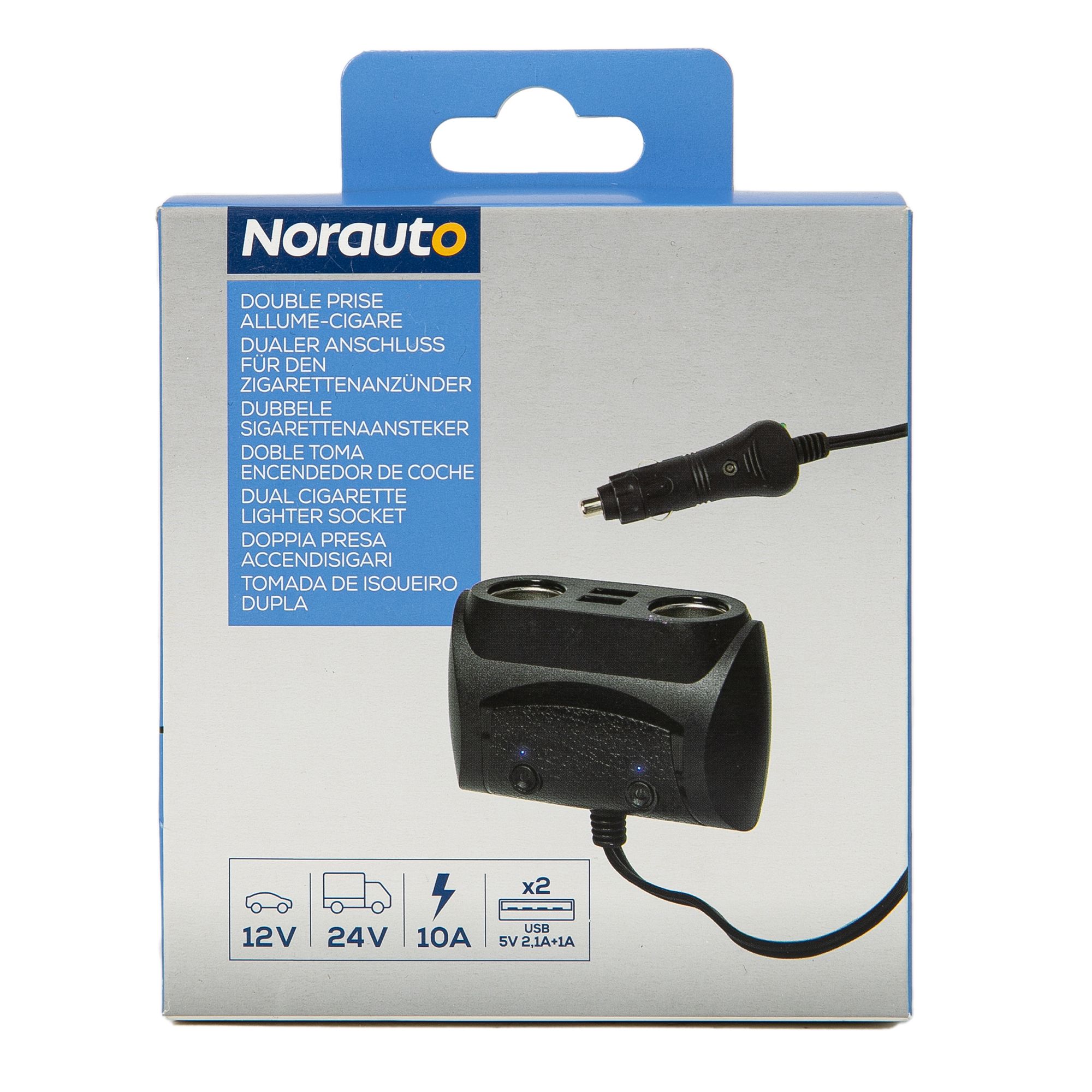 Norauto Verlängerungskabel 12 V/24 V 5 A mit doppeltem Zigarettenanzünderstecker und 2 USB-Anschlüssen - ATU