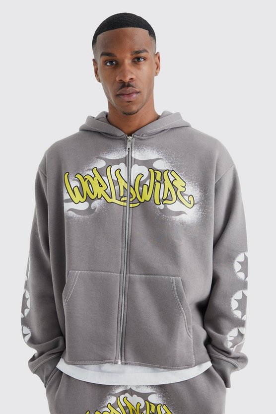 Kastiger Hoodie mit Worldwide Graffiti Print und Reißverschluss