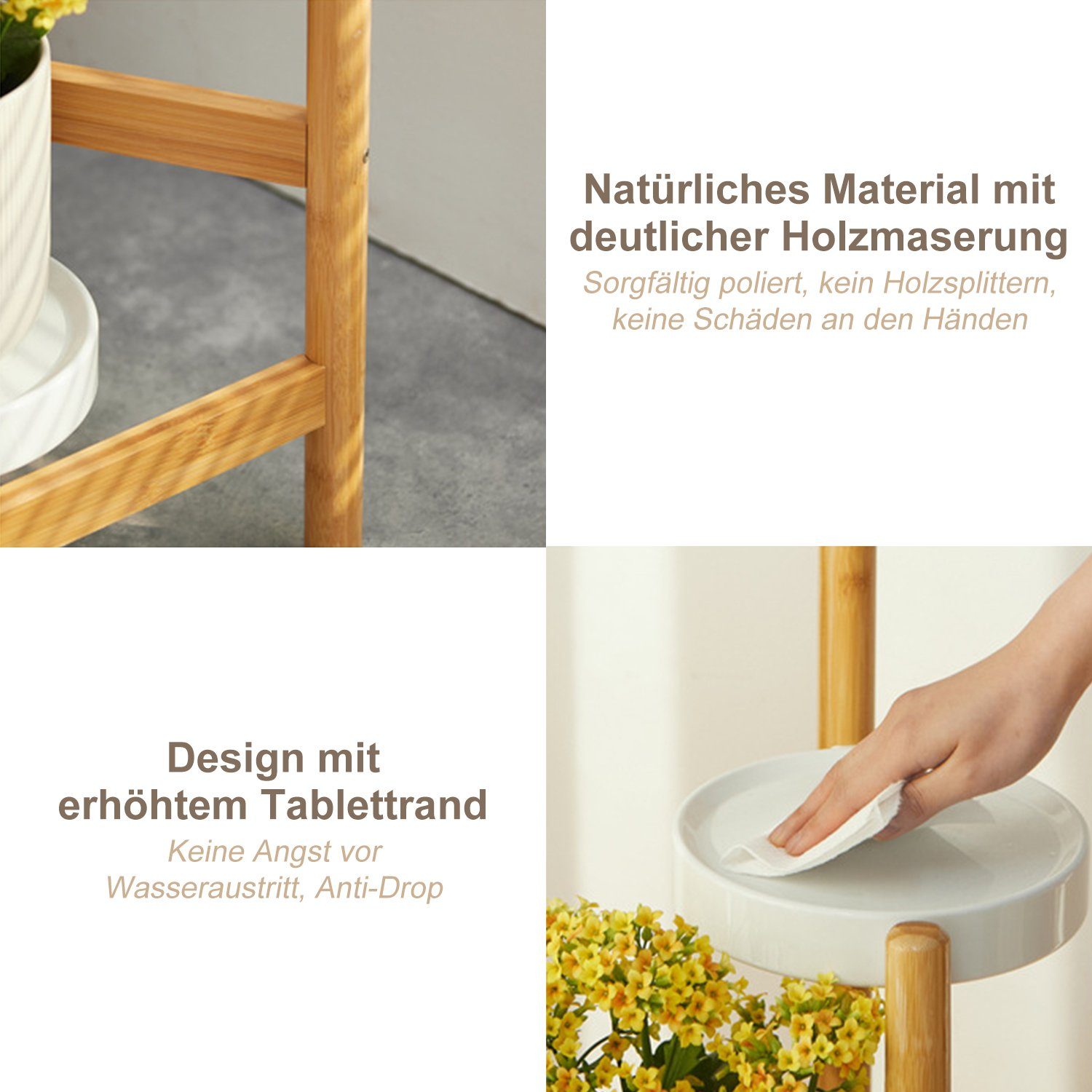 Kpaloft Blumenständer Holz 4 Ebenen Pflanzenregal rund, 78cm Höhe, 18 cm breite PP-Schale, Blumenhocker für den Garten, Wohnzimmer, Schlafzimmer, Terrasse