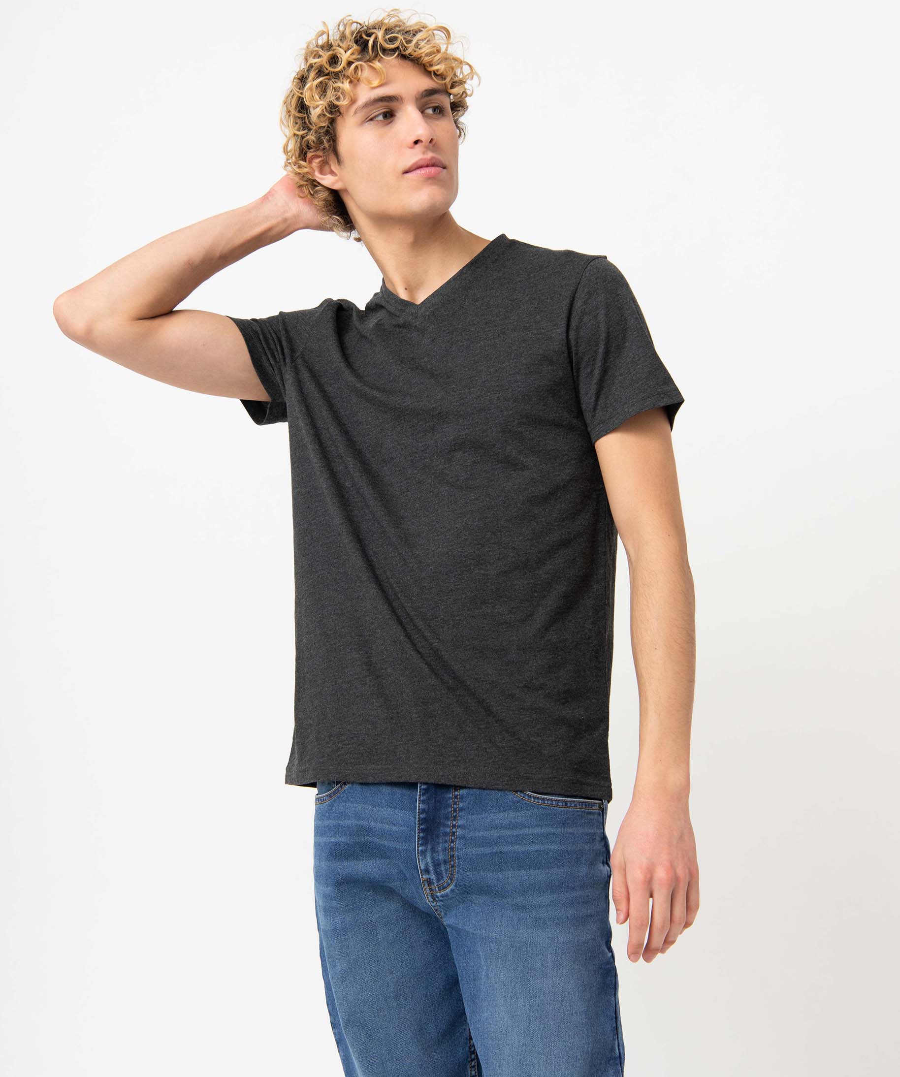 Tee-shirt homme à manches courtes et col V gris | GEMO