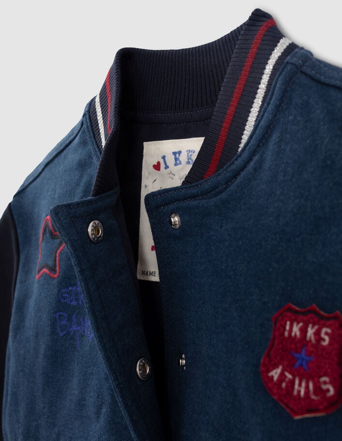 Teddy en jean marine bi matière avec broderies fille