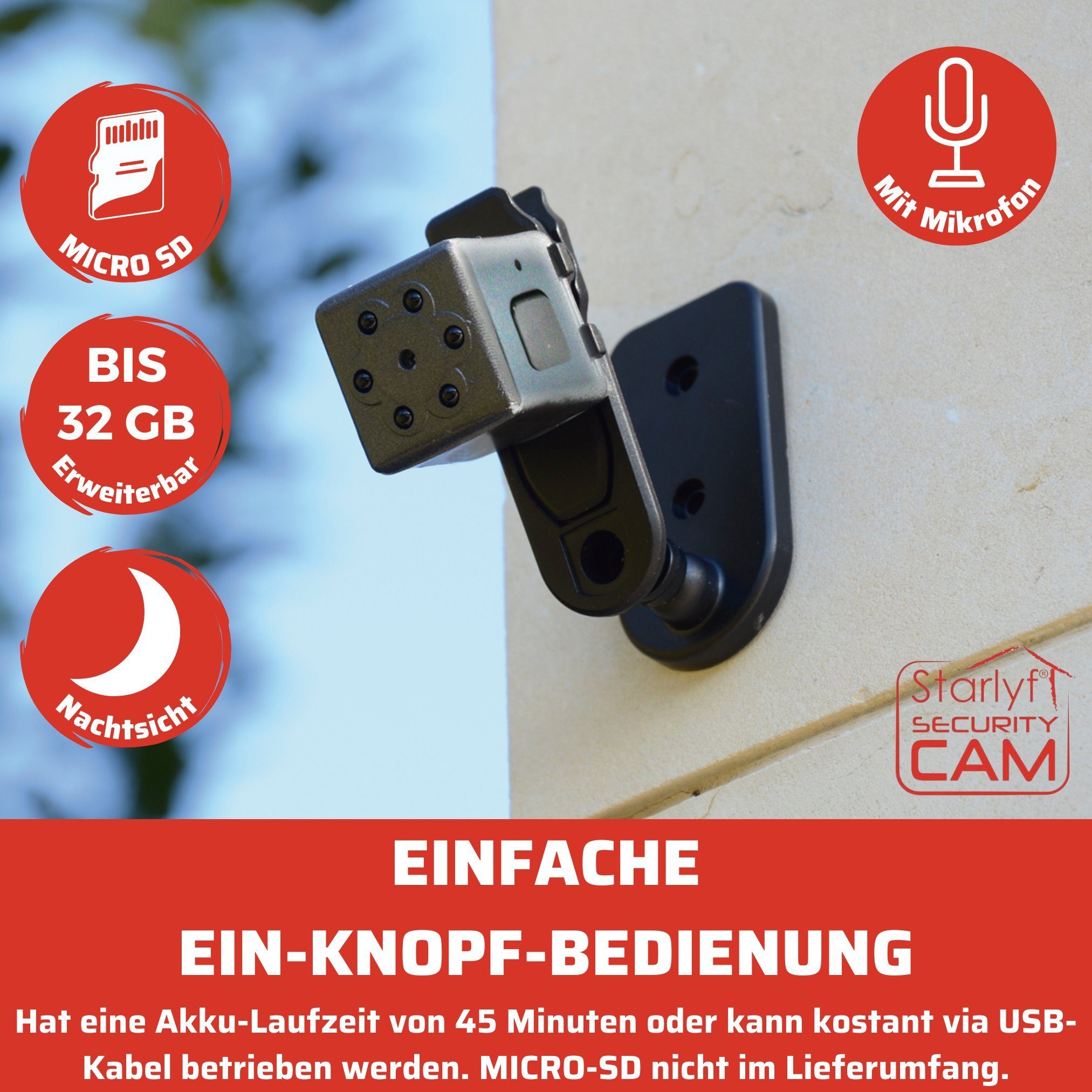 Starlyf Security Cam Überwachungskamera (Außenbereich, Innenbereich, Spar Set 1er oder 2er Pack, 1-tlg., Mini Kamera, Sport Cam, Body Cam, Mini Cam)