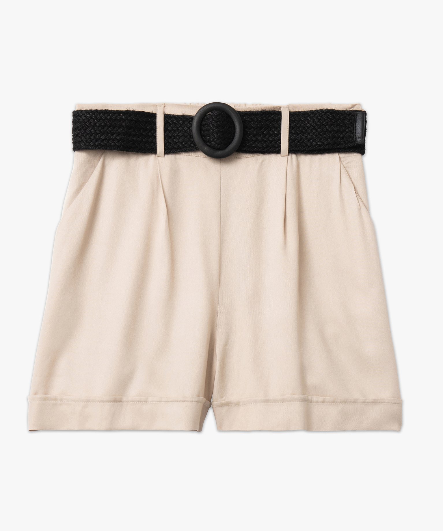 Short taille haute en toile avec ceinture tressée femme beige | GEMO