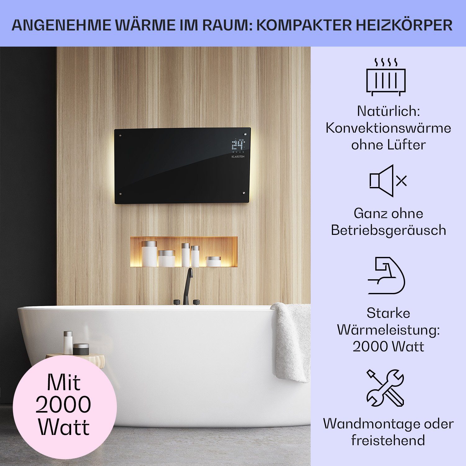 Klarstein Heizstrahler Bornholm Curved Ambient, 2000 W, Konvektorheizung elektrisch Elektrokoheizung energiesparend Heizkörper