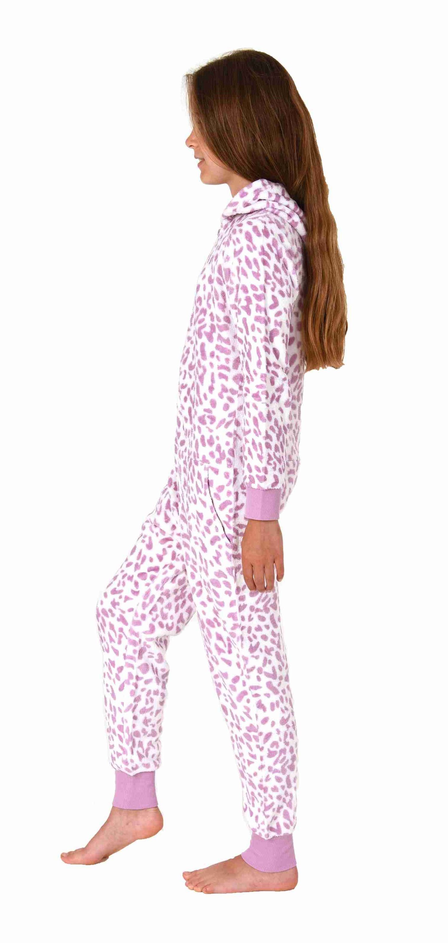 Normann Pyjama Mädchen Schlafanzug Einteiler Jumpsuit aus Coralfleece im Animal Look